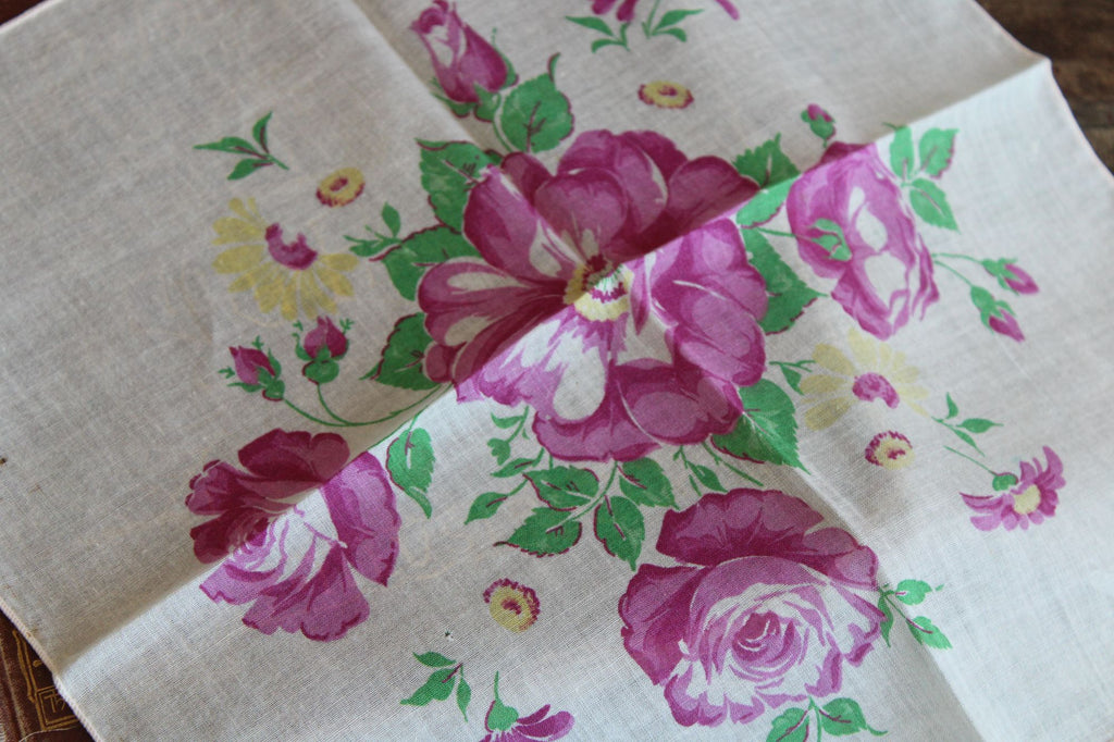 Vintage 1950s Pink Purple Roses Handkerchief