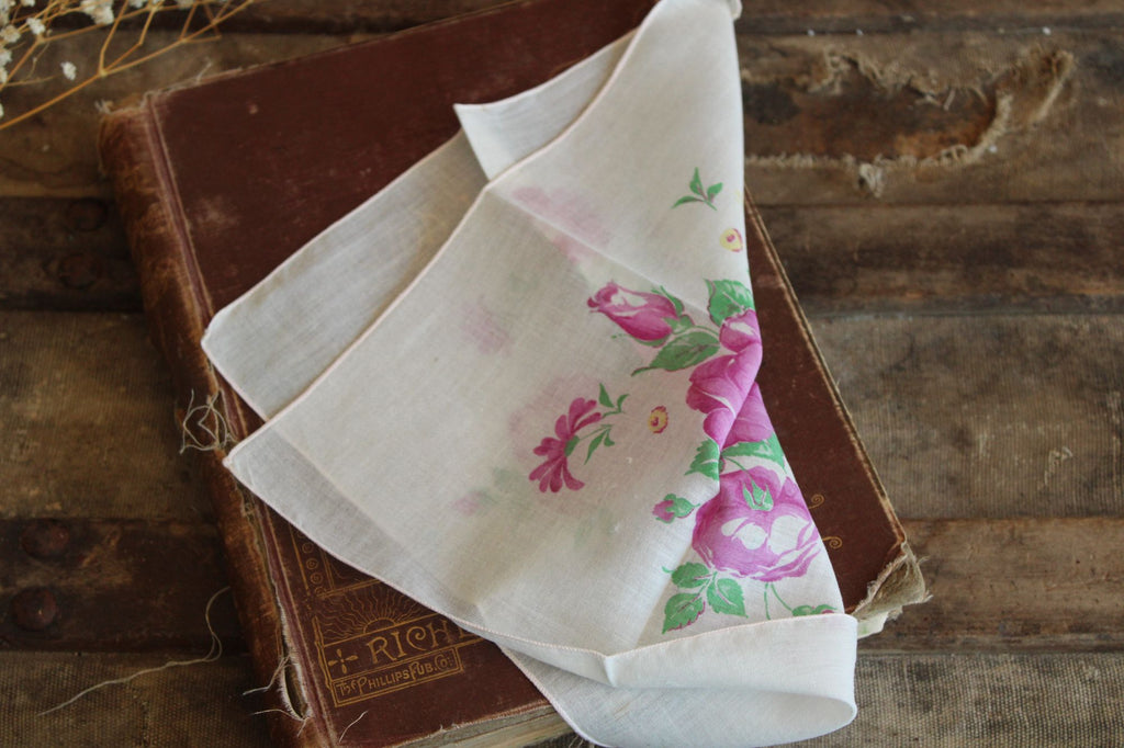 Vintage 1950s Pink Purple Roses Handkerchief