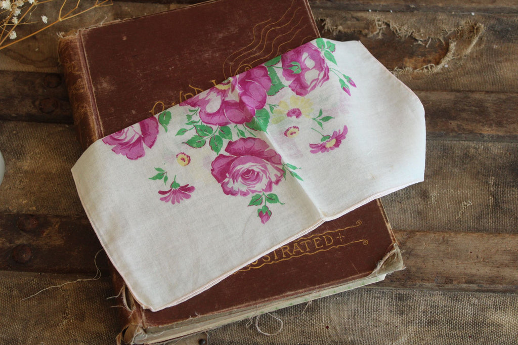 Vintage 1950s Pink Purple Roses Handkerchief