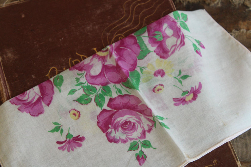 Vintage 1950s Pink Purple Roses Handkerchief