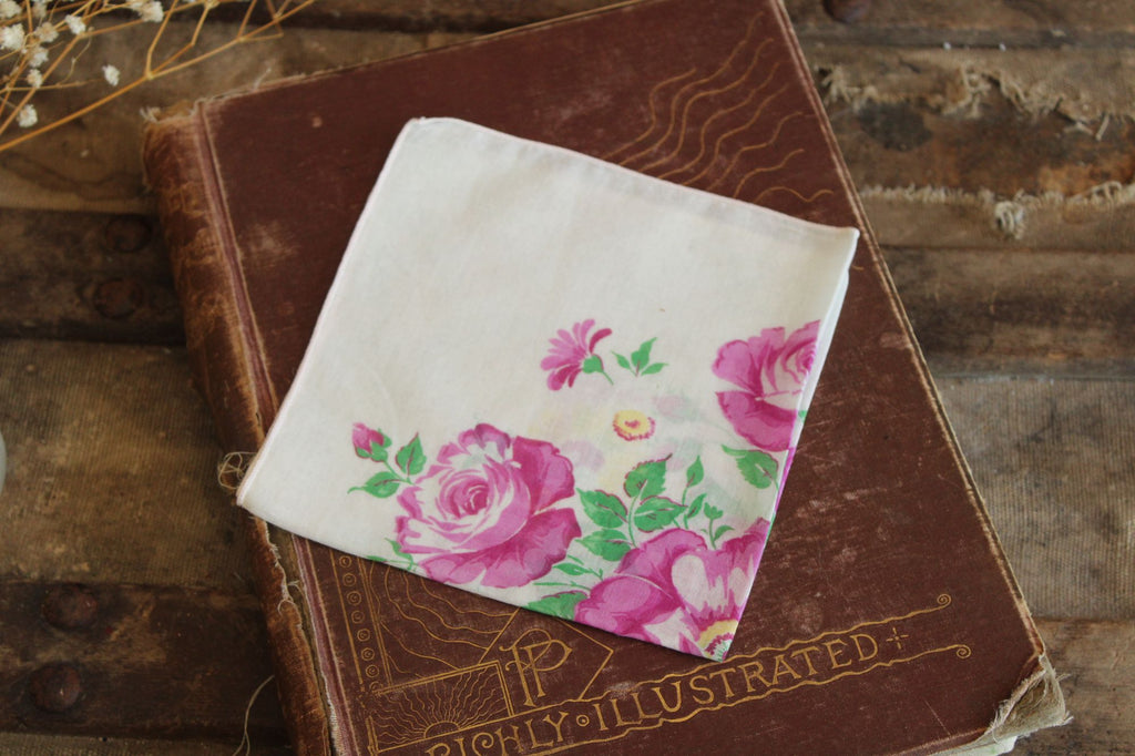 Vintage 1950s Pink Purple Roses Handkerchief