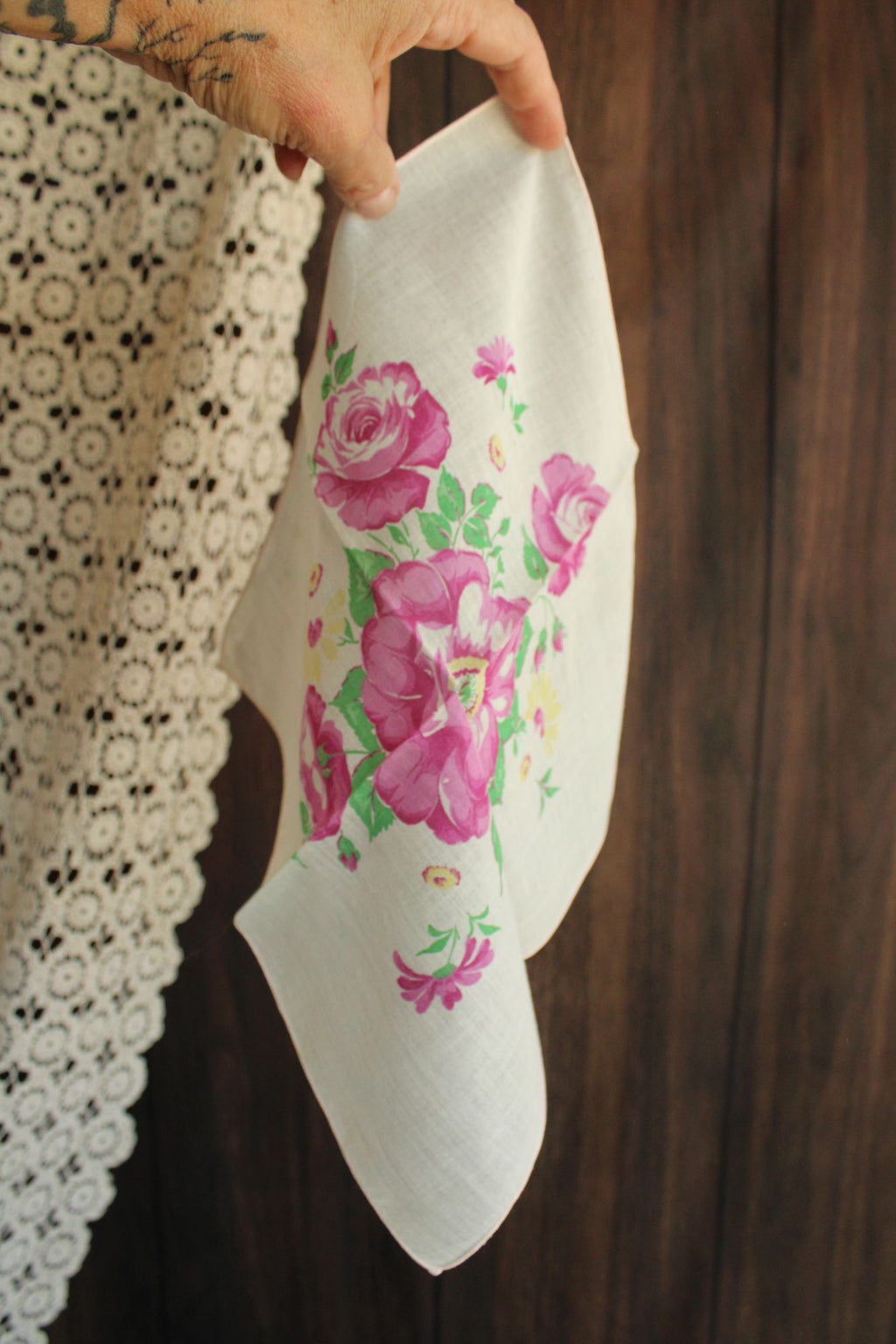 Vintage 1950s Pink Purple Roses Handkerchief
