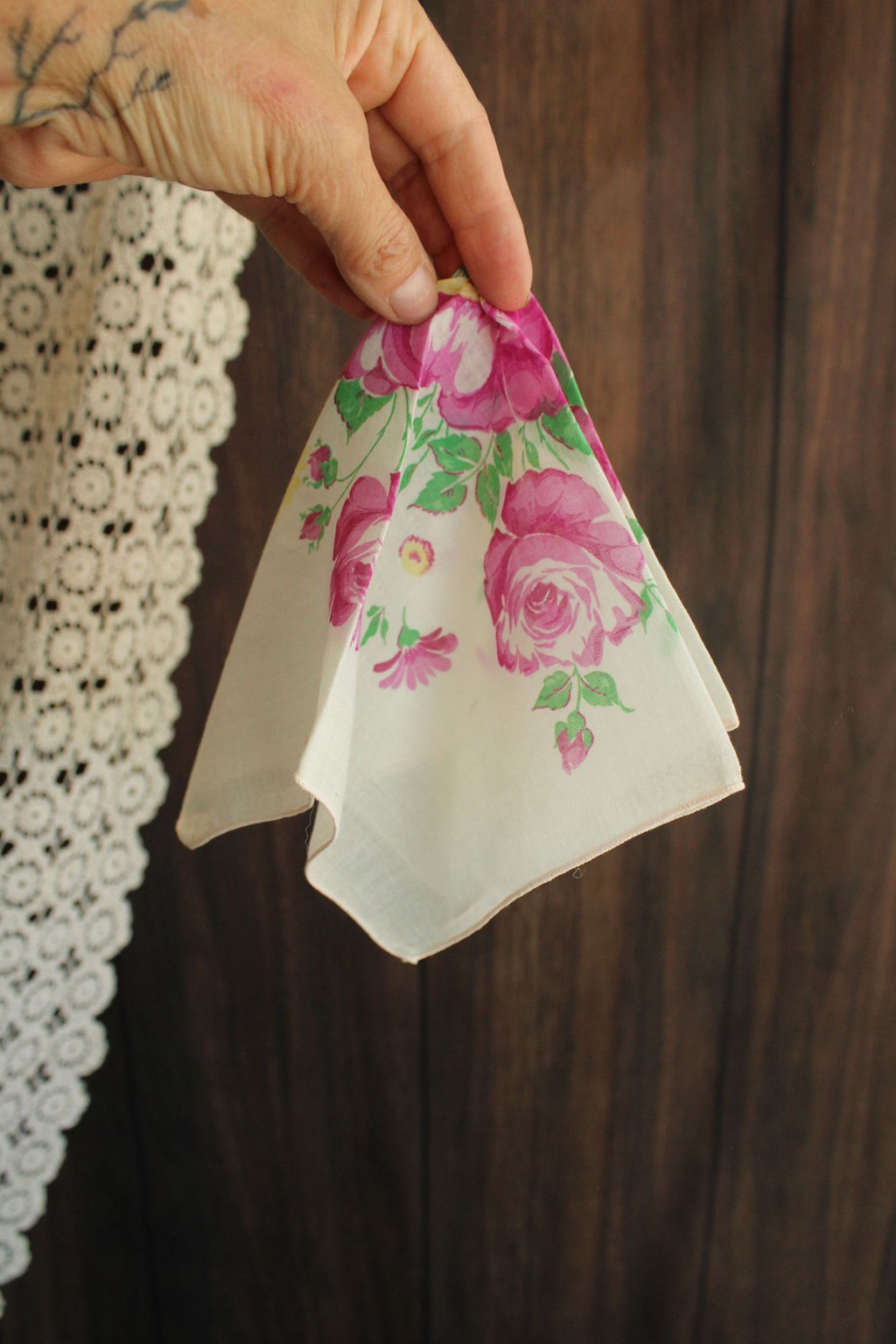 Vintage 1950s Pink Purple Roses Handkerchief