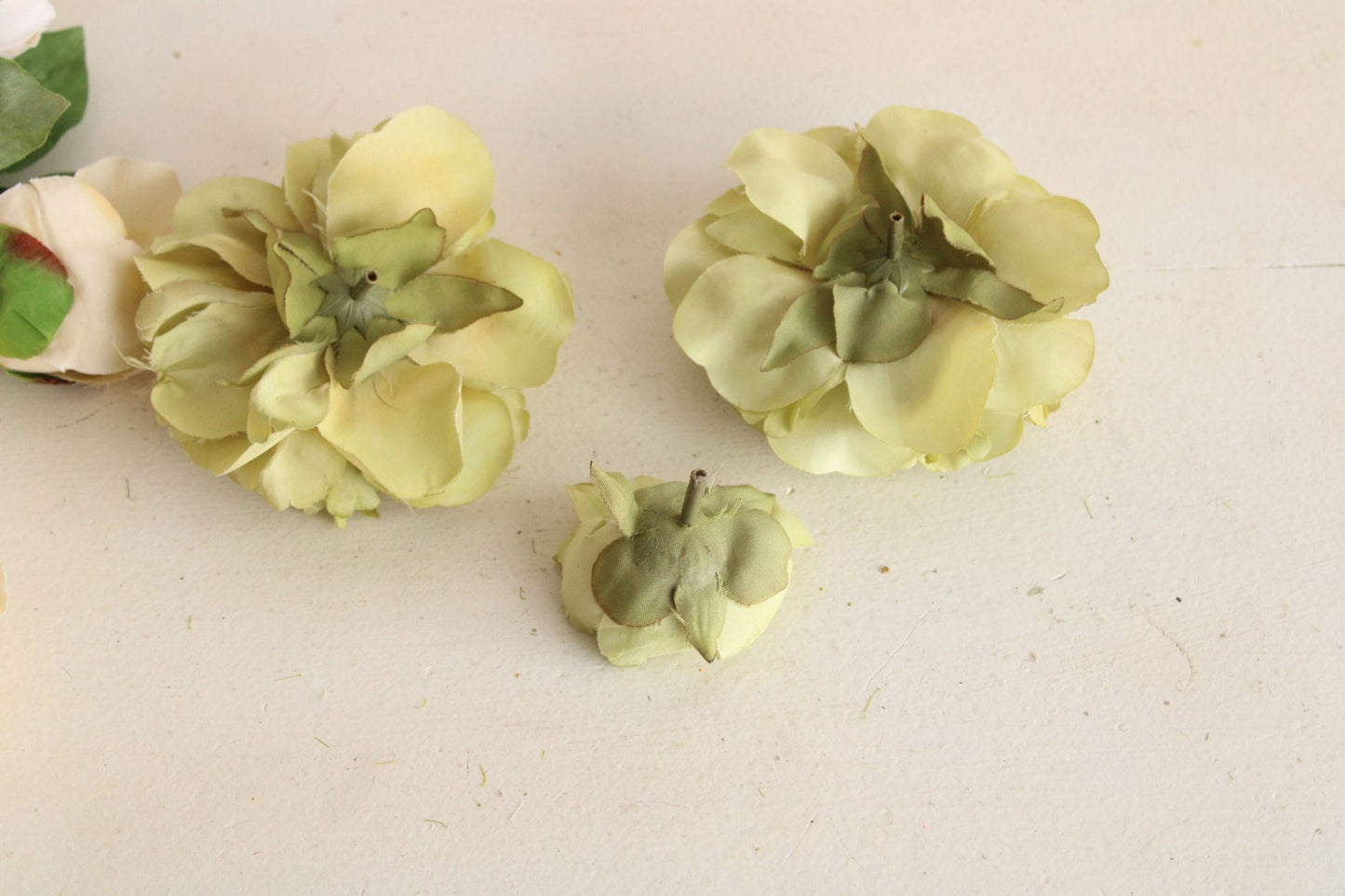 Lot of Silk Faux Flowers, Three Apple Green Florals, Millinery Crafting