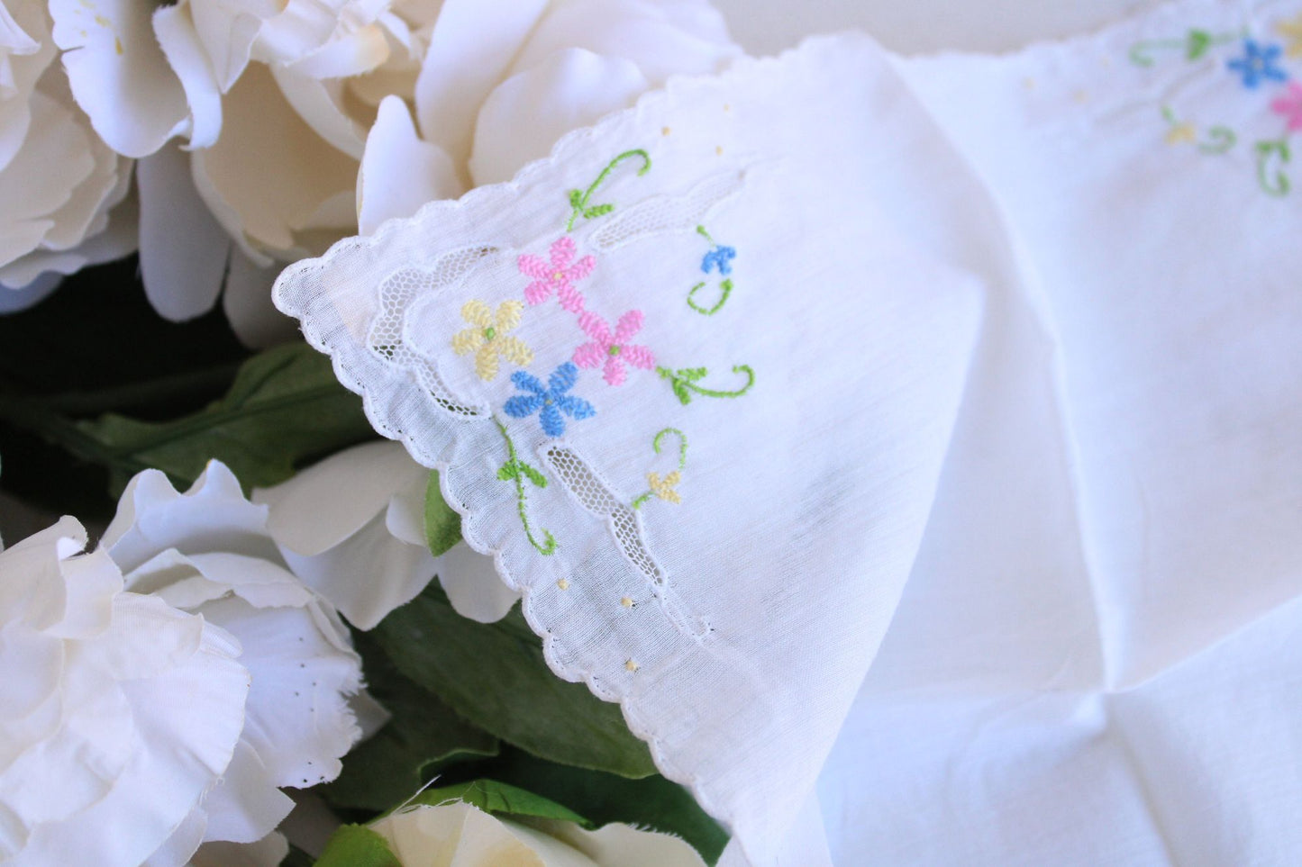 Vintage Pink Blue and Yellow Flower Embroidery on White Cotton Hankie