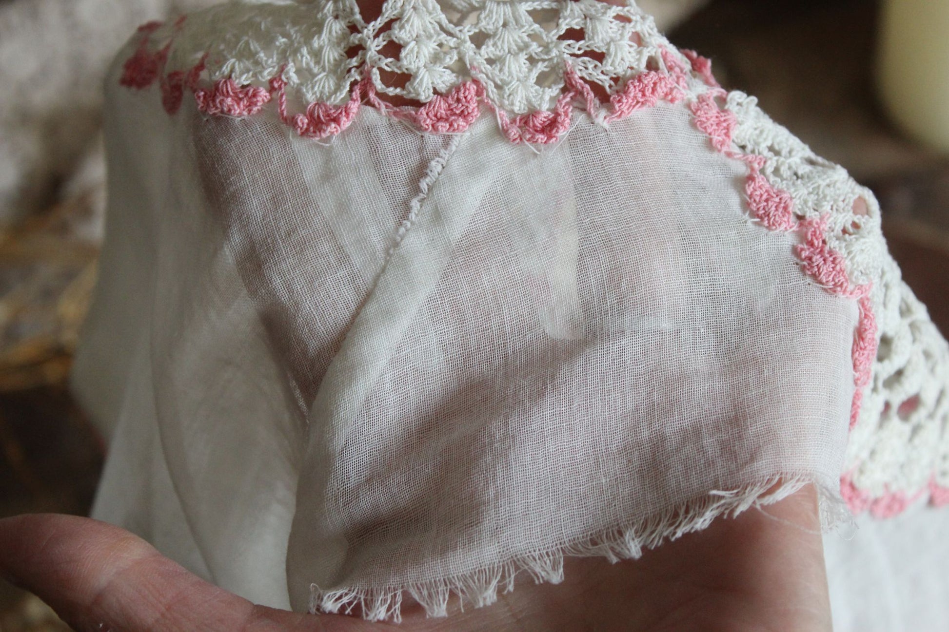 Vintage Edwardian White Crochet Lace Applique With Pink Trim
