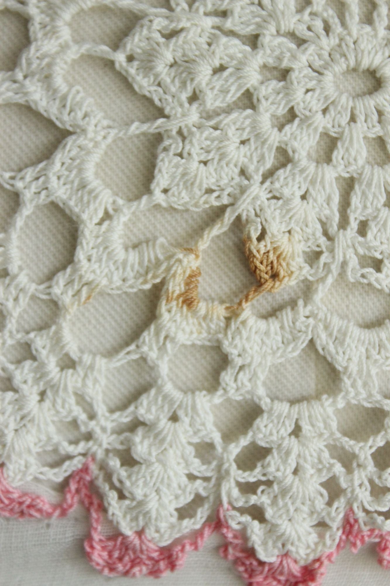 Vintage Edwardian White Crochet Lace Applique With Pink Trim