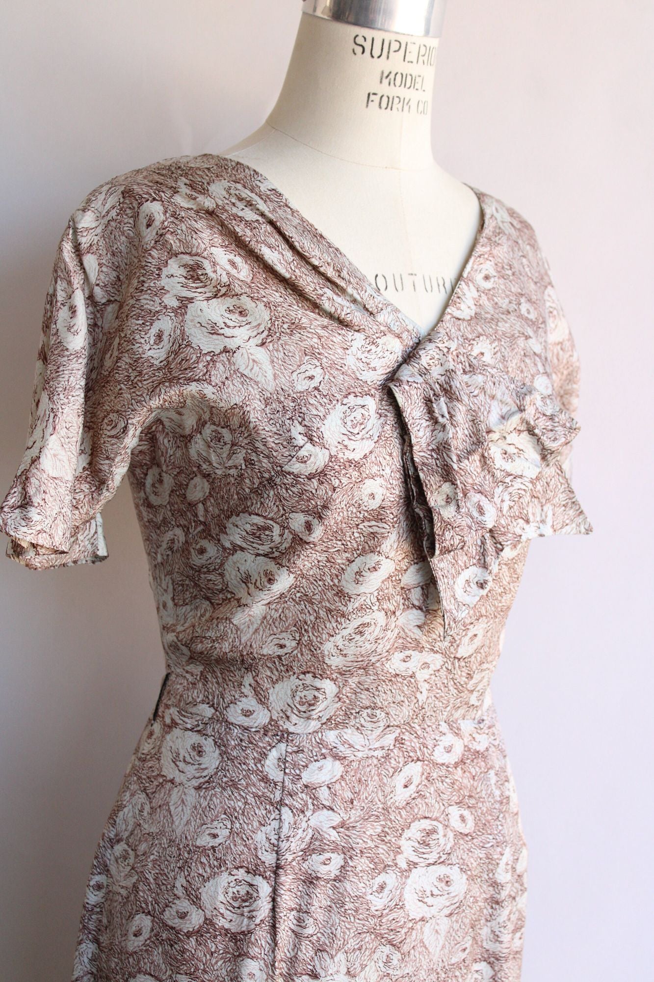 Vintage 1940s Kay Carter Brown and Gray Floral Print Rayon Day Dress