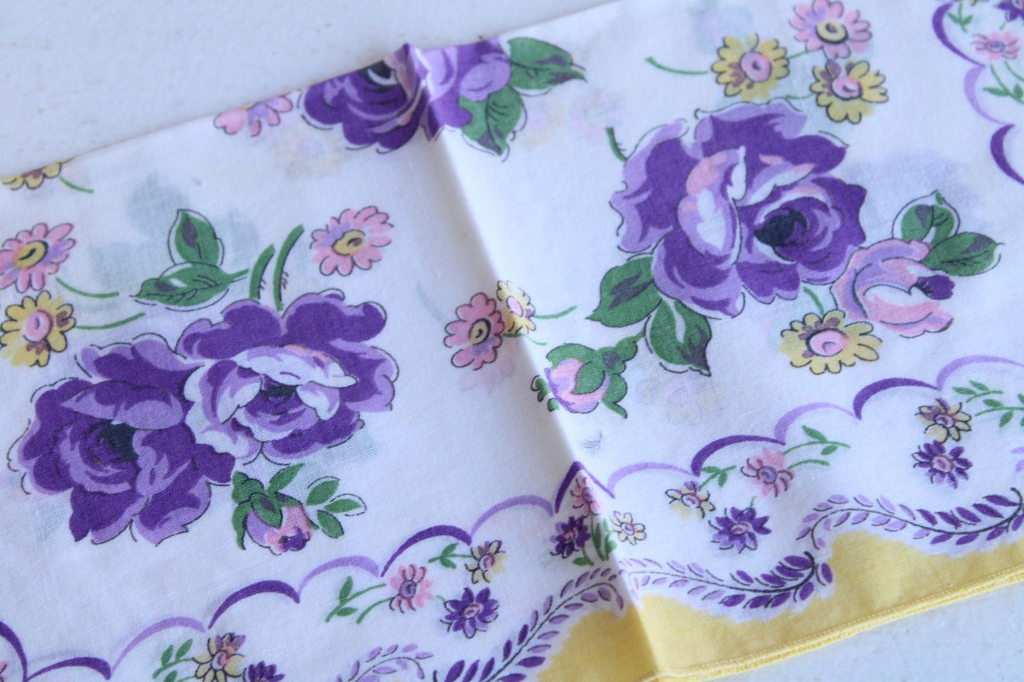 Vintage 1950s Cotton Handkerchief, Purple Roses with Yellow