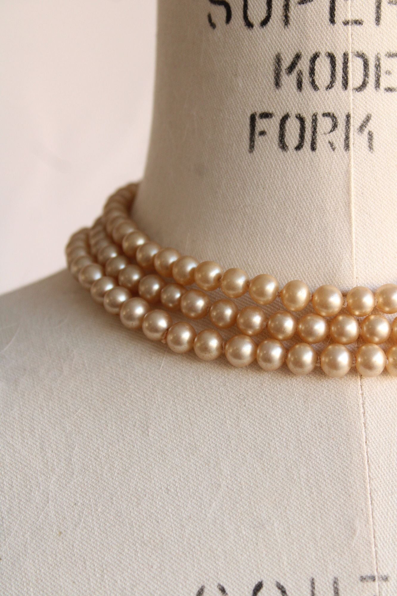 Vintage 1950s Three Strand Ivory Faux Pearl Necklace