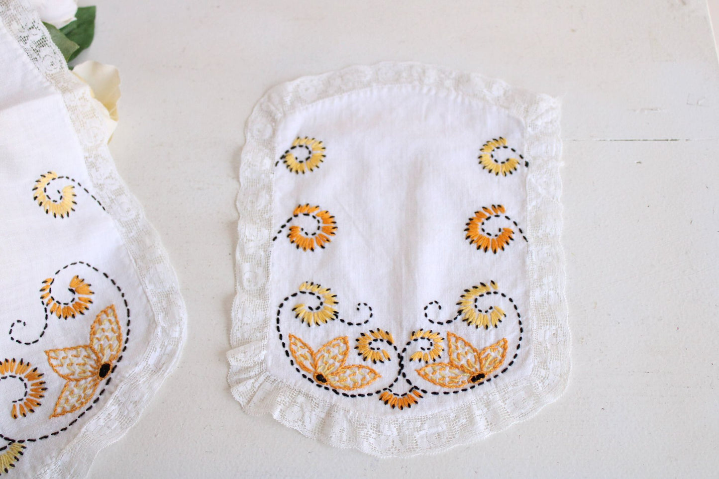 Vintage 1940s Couch Cover Set, or Embroidered Doilies