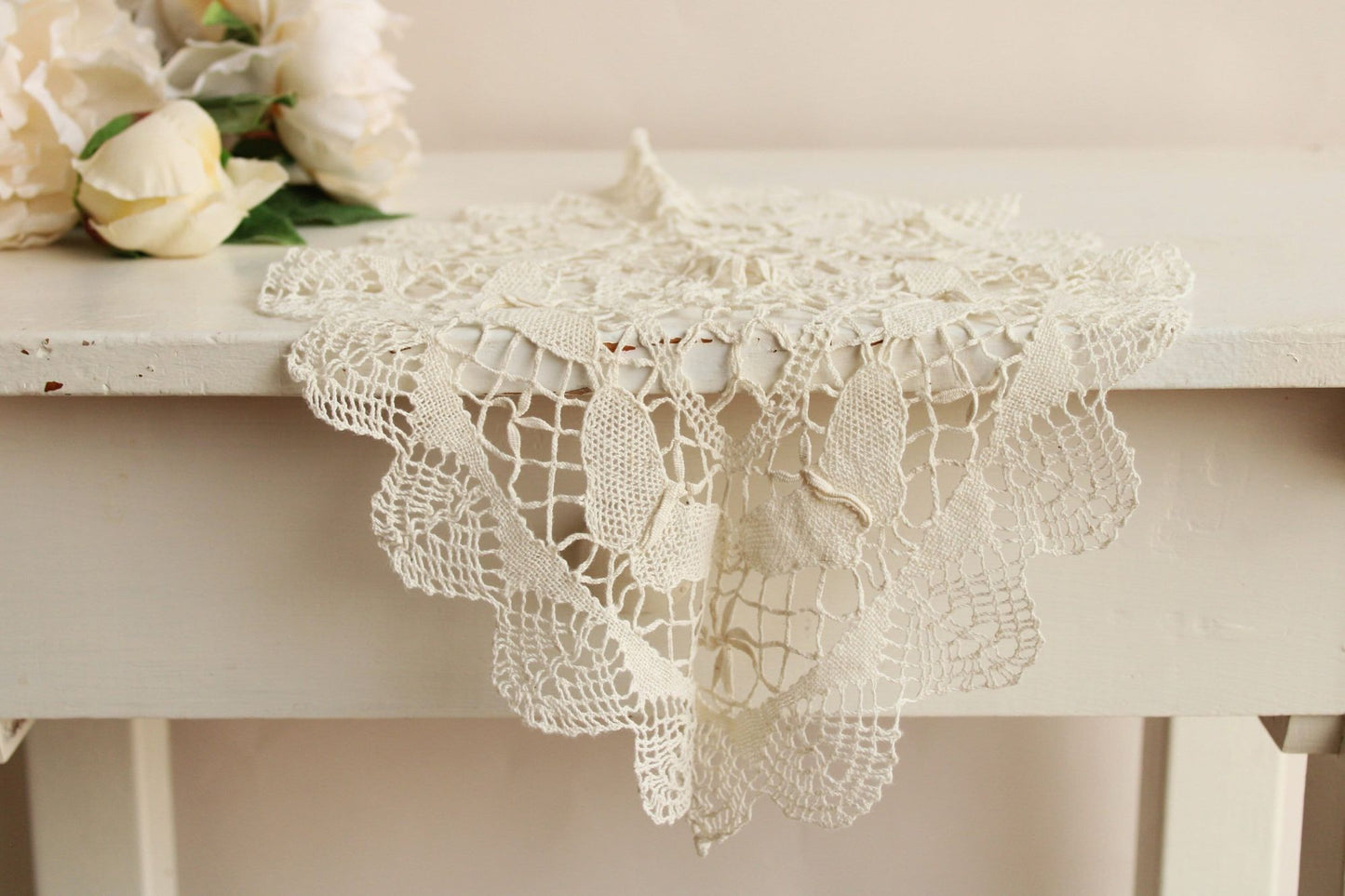 Vintage Ivory Crochet Doily with Butterflies