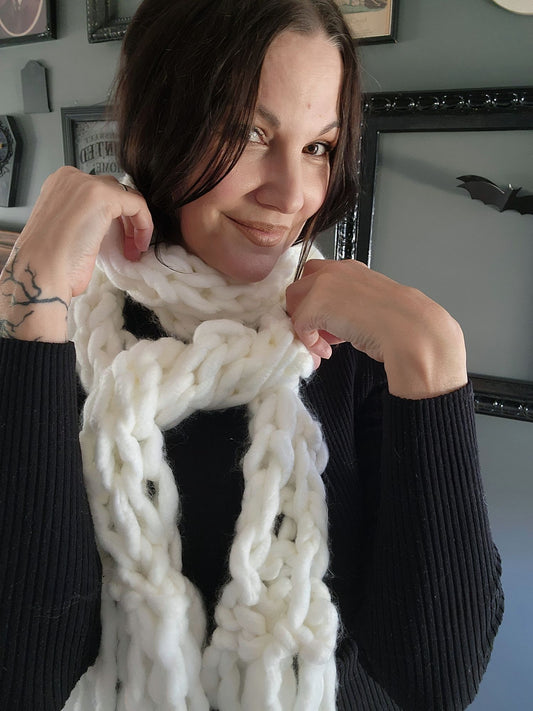 The Ghost Extra Long Knit Scarf In Chunky White Yarn with Fringe
