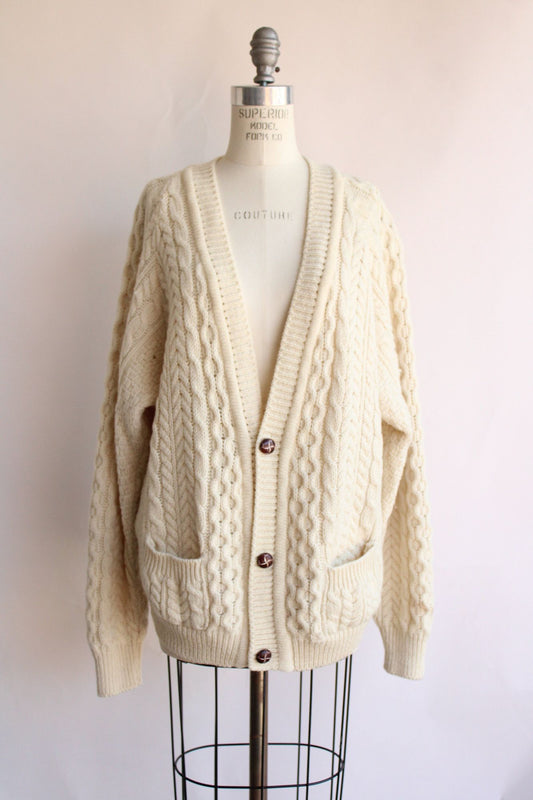 Vintage 1980s 1990s Mens Carraig Donn Aran Wool Ivory Cable Knit Cardigan with Pockets, Unisex