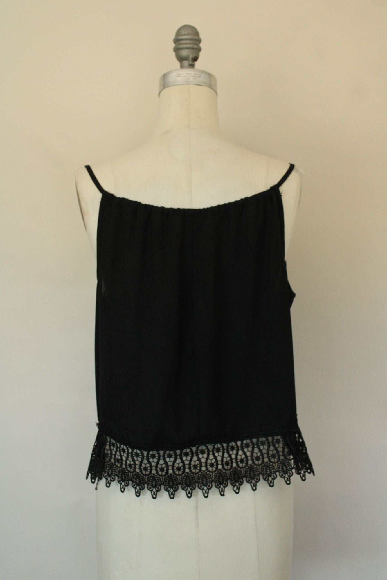 Oboe Womens Top, Black Spaghetti Strap, Size Large, Lace Trim