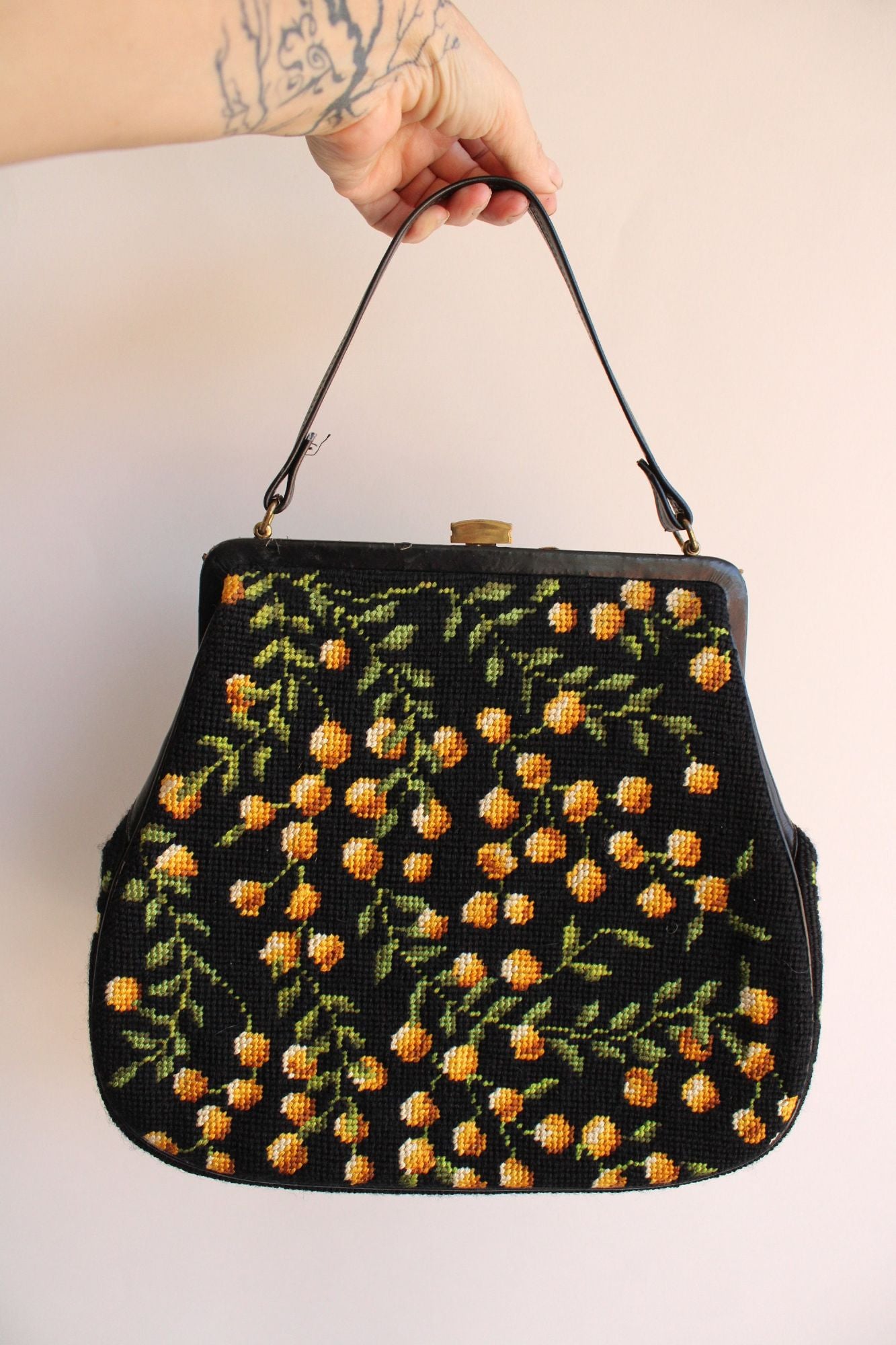 Vintage 1960s Purse in Black with Needlepoint Lemons Or Yellow Flowers