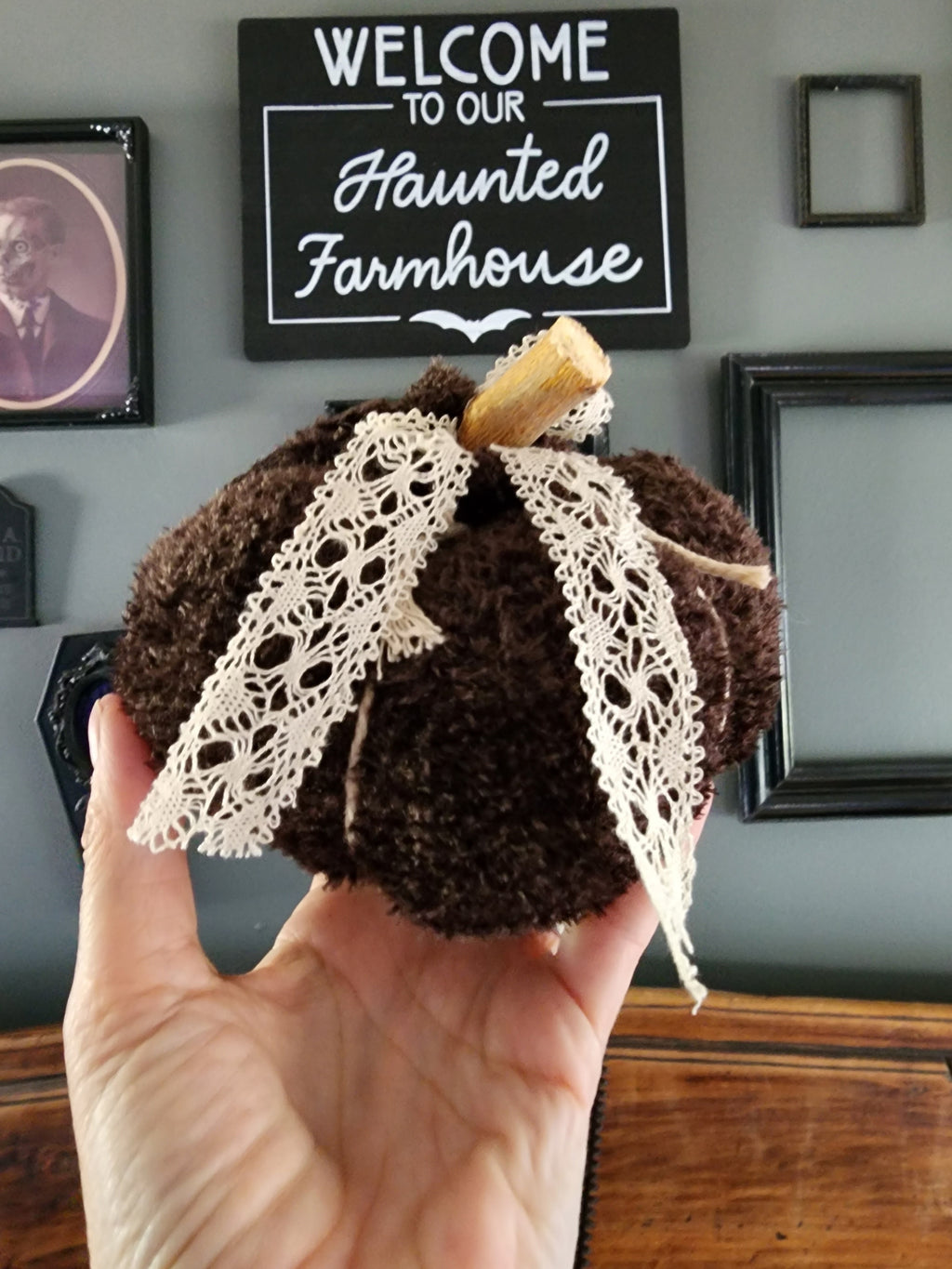 "Cafe Au Chocolat" Brown Knit Pumpkin Pillow Pouf with Vintage Ribbon and Lace