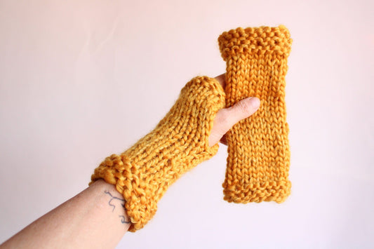 Hand Knit Fingerless Gloves in Mustard Yellow, the "Buttercup"