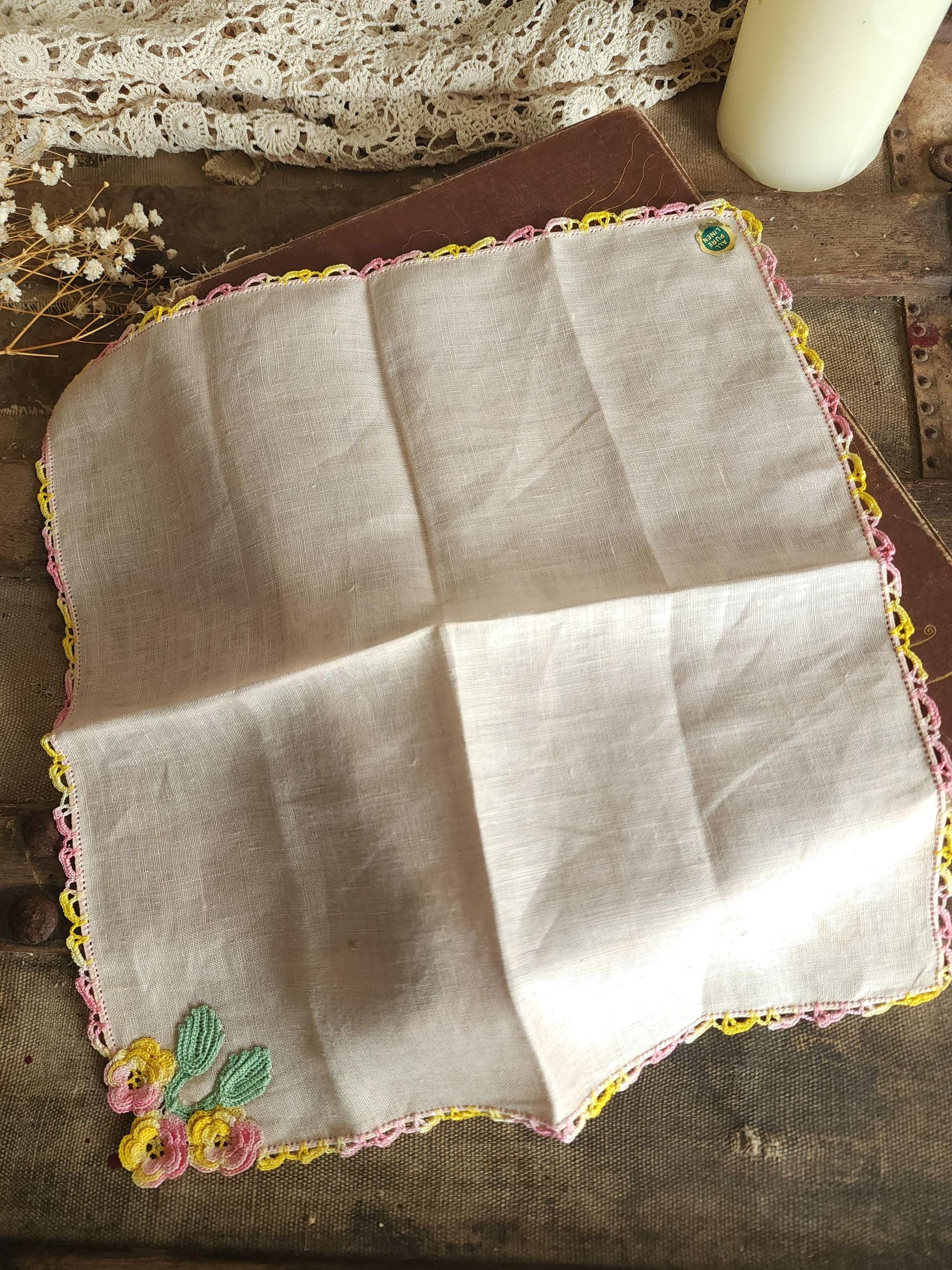 Vintage 1950s NWT Pink Linen Handkerchief with Crochet Yellow Pansy Flowers