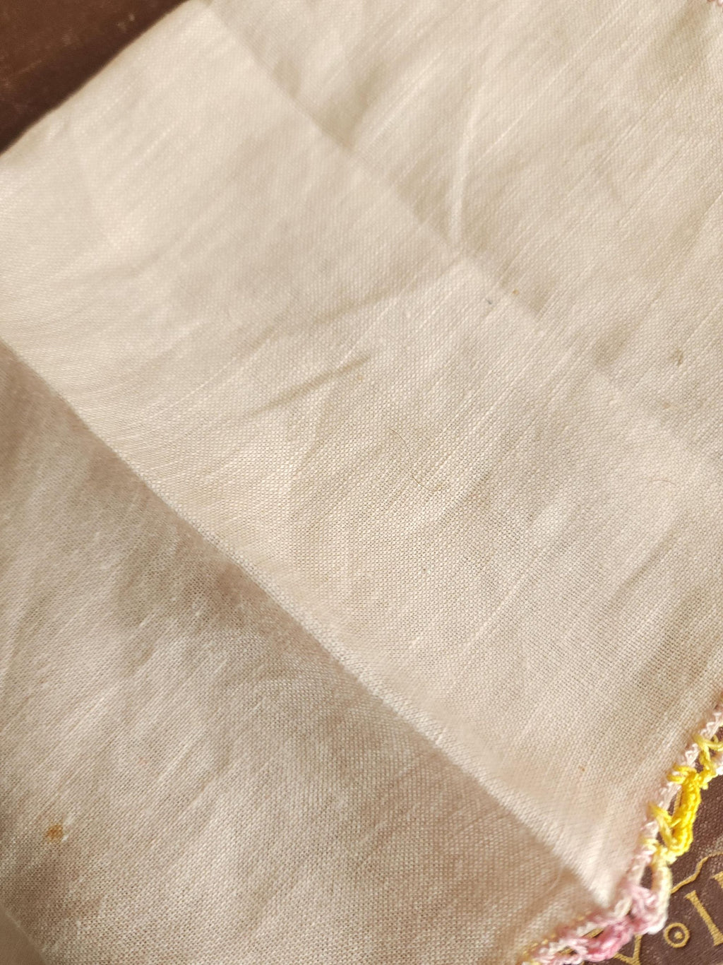 Vintage 1950s NWT Pink Linen Handkerchief with Crochet Yellow Pansy Flowers