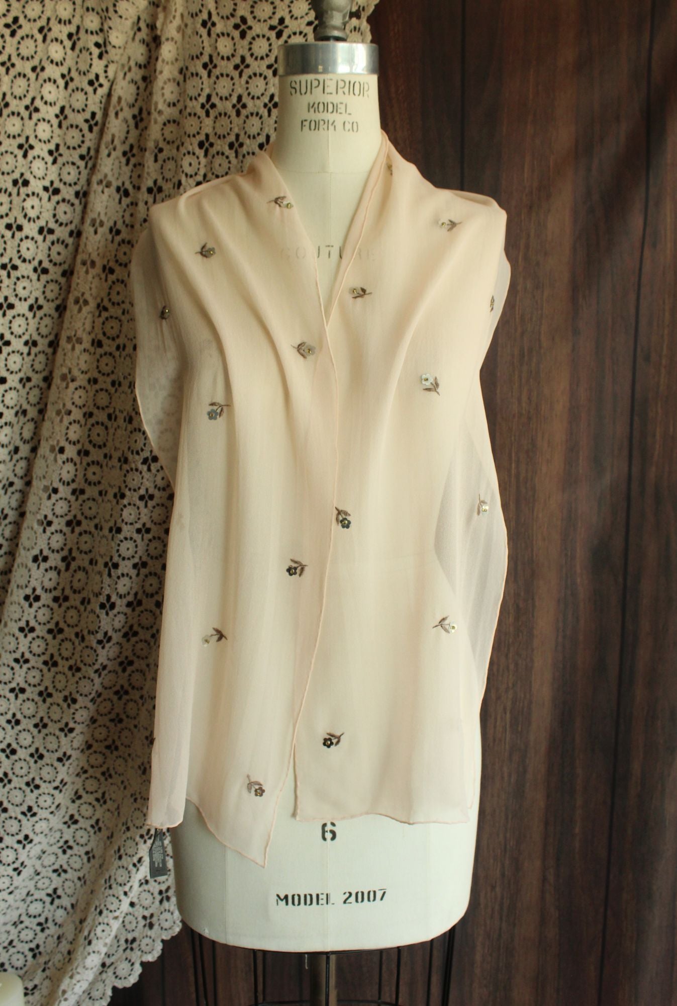 Echo Womens Scarf, Pink Silk Chiffon with Embroidered and Sequin Flowers