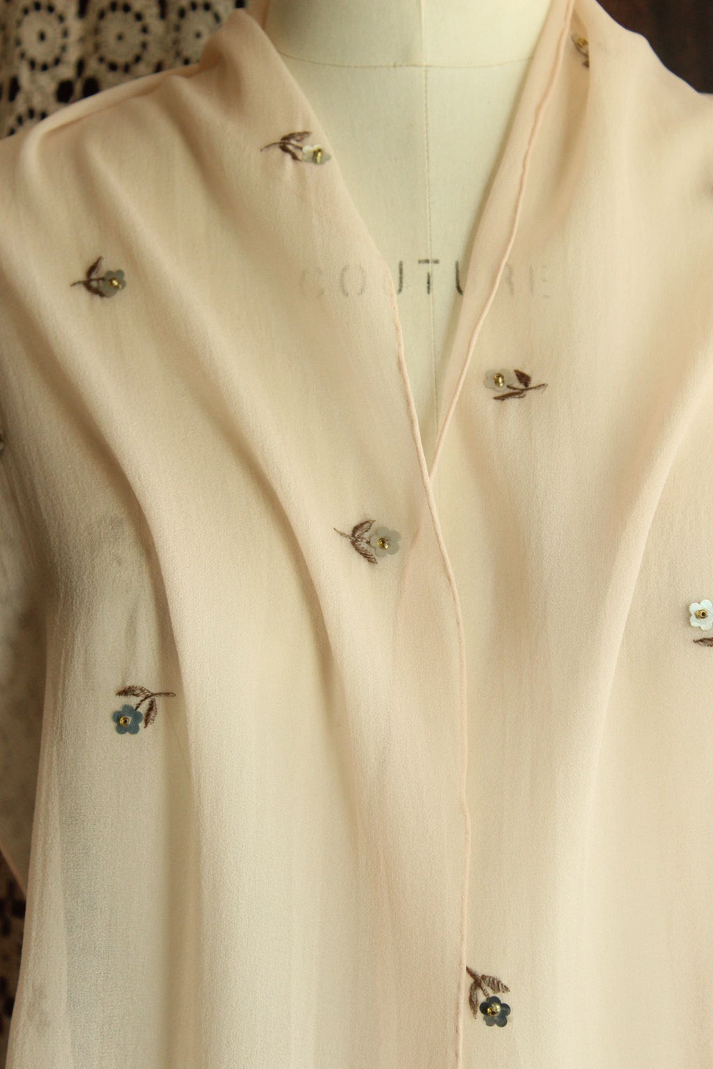 Echo Womens Scarf, Pink Silk Chiffon with Embroidered and Sequin Flowers