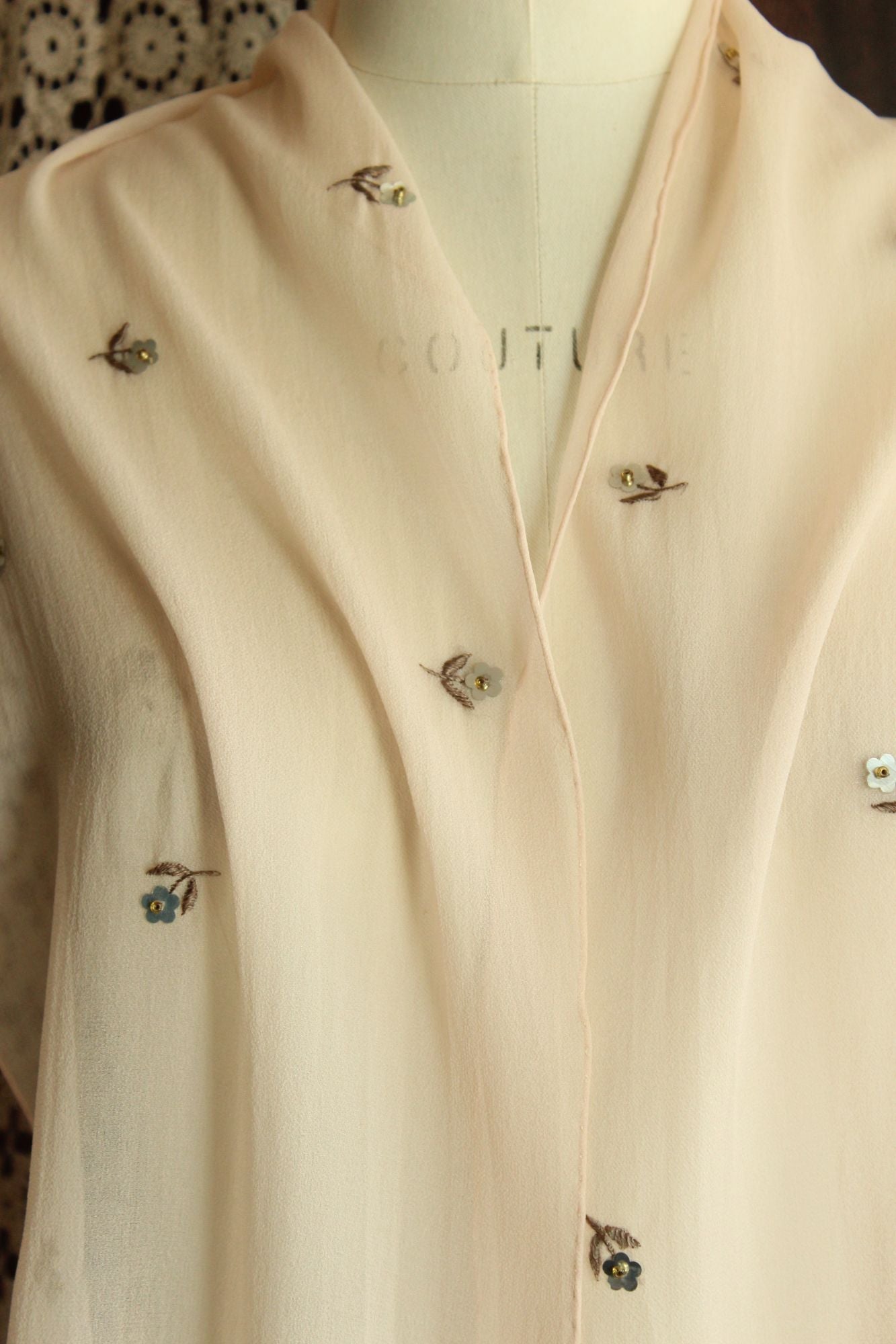 Echo Womens Scarf, Pink Silk Chiffon with Embroidered and Sequin Flowers