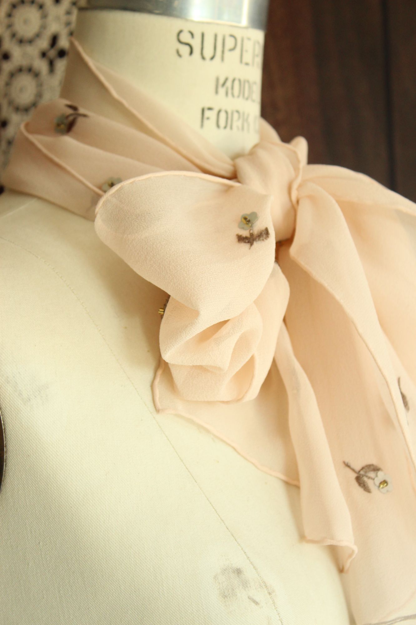 Echo Womens Scarf, Pink Silk Chiffon with Embroidered and Sequin Flowers