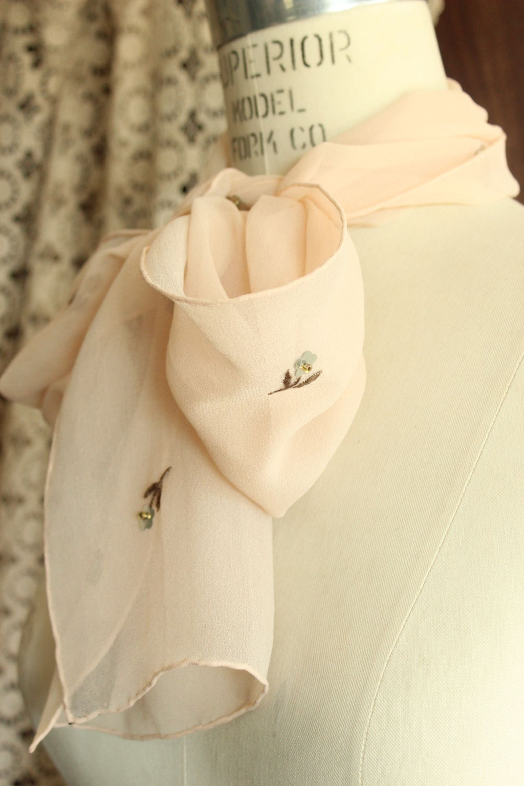 Echo Womens Scarf, Pink Silk Chiffon with Embroidered and Sequin Flowers