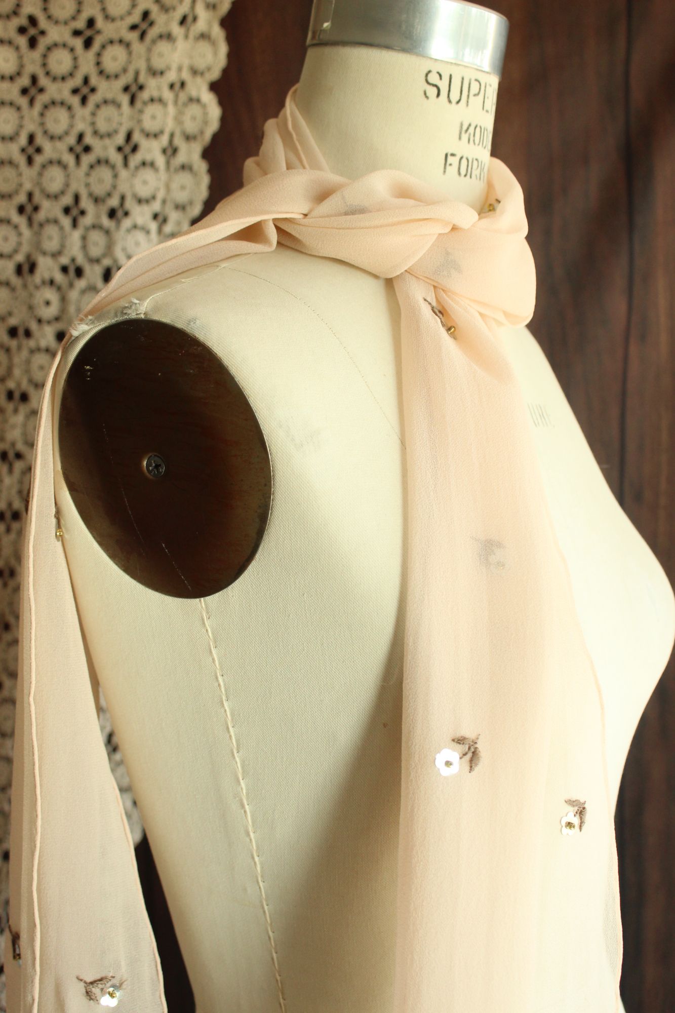 Echo Womens Scarf, Pink Silk Chiffon with Embroidered and Sequin Flowers