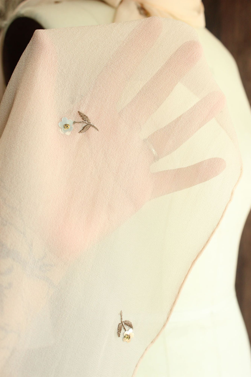 Echo Womens Scarf, Pink Silk Chiffon with Embroidered and Sequin Flowers