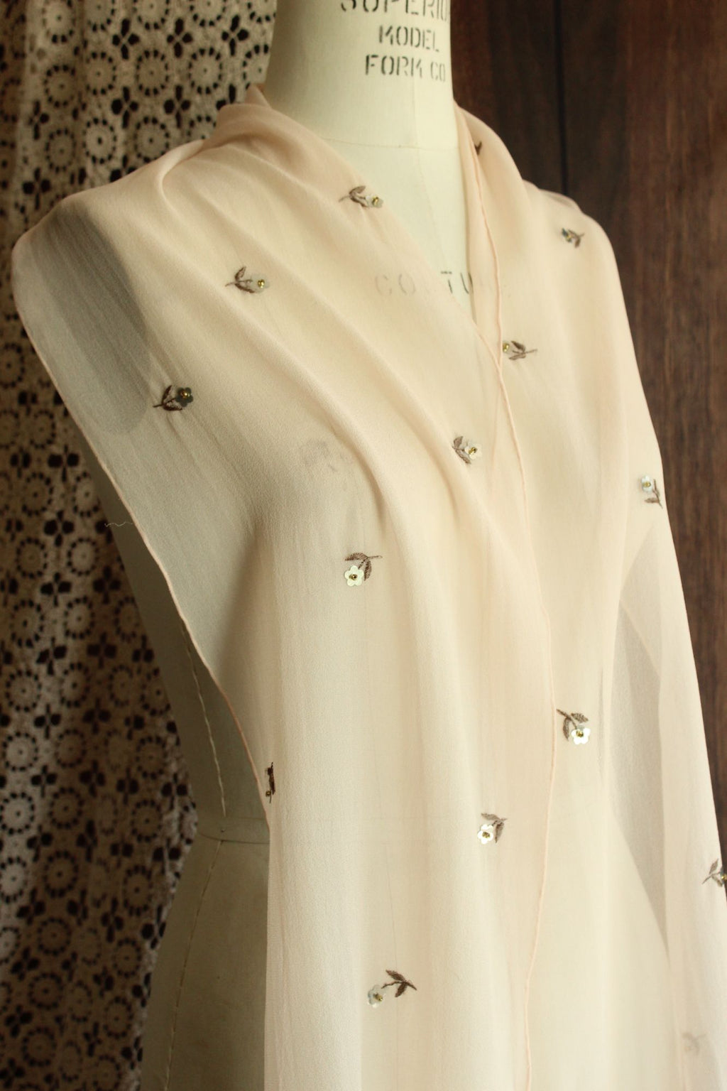 Echo Womens Scarf, Pink Silk Chiffon with Embroidered and Sequin Flowers