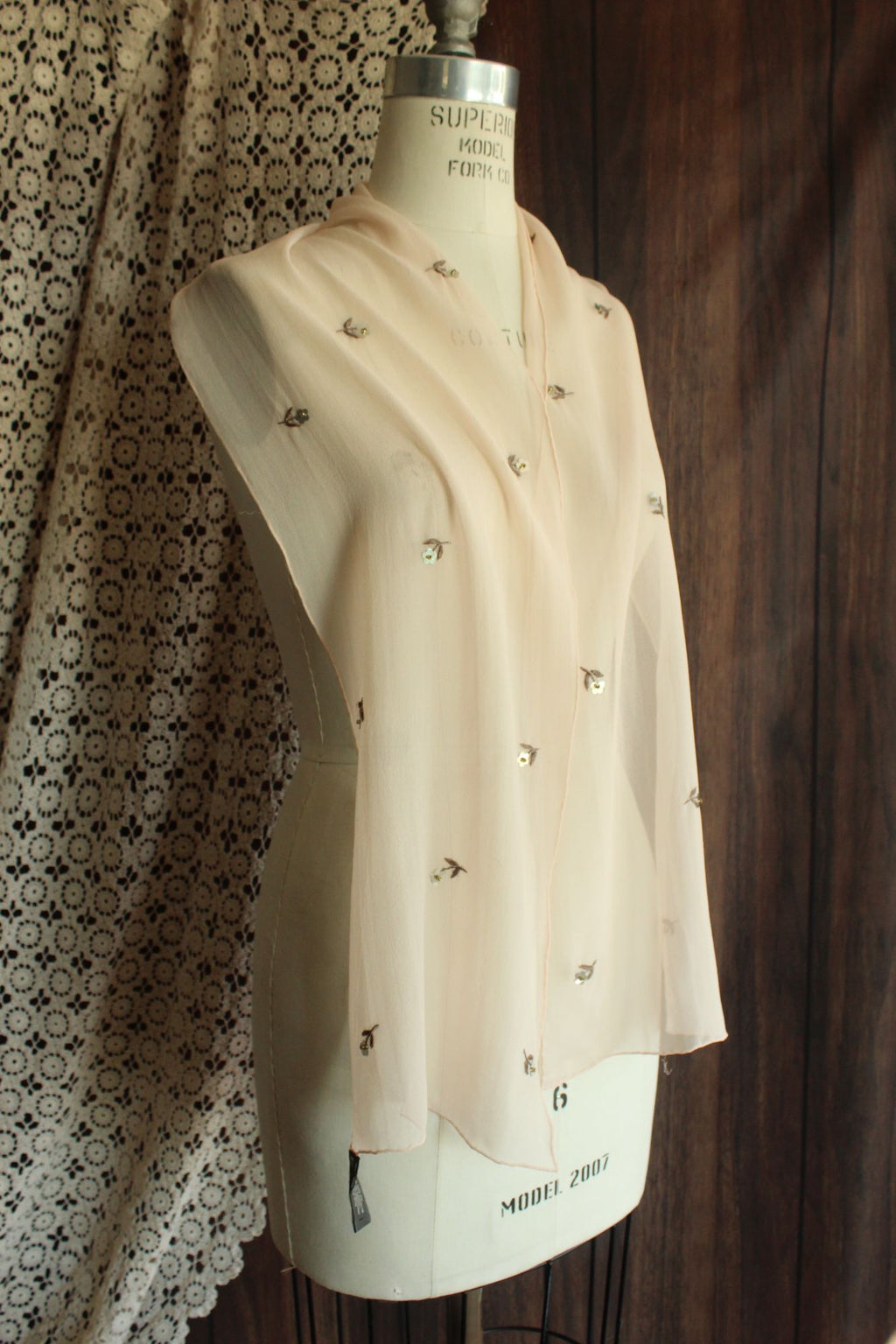 Echo Womens Scarf, Pink Silk Chiffon with Embroidered and Sequin Flowers