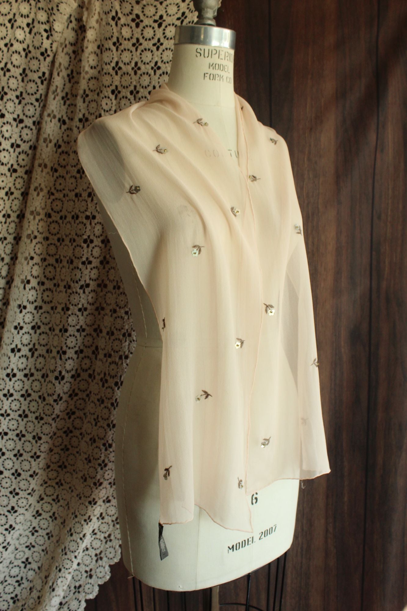 Echo Womens Scarf, Pink Silk Chiffon with Embroidered and Sequin Flowers