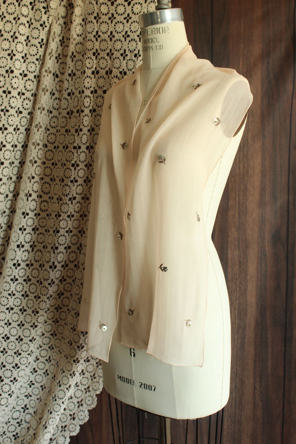 Echo Womens Scarf, Pink Silk Chiffon with Embroidered and Sequin Flowers