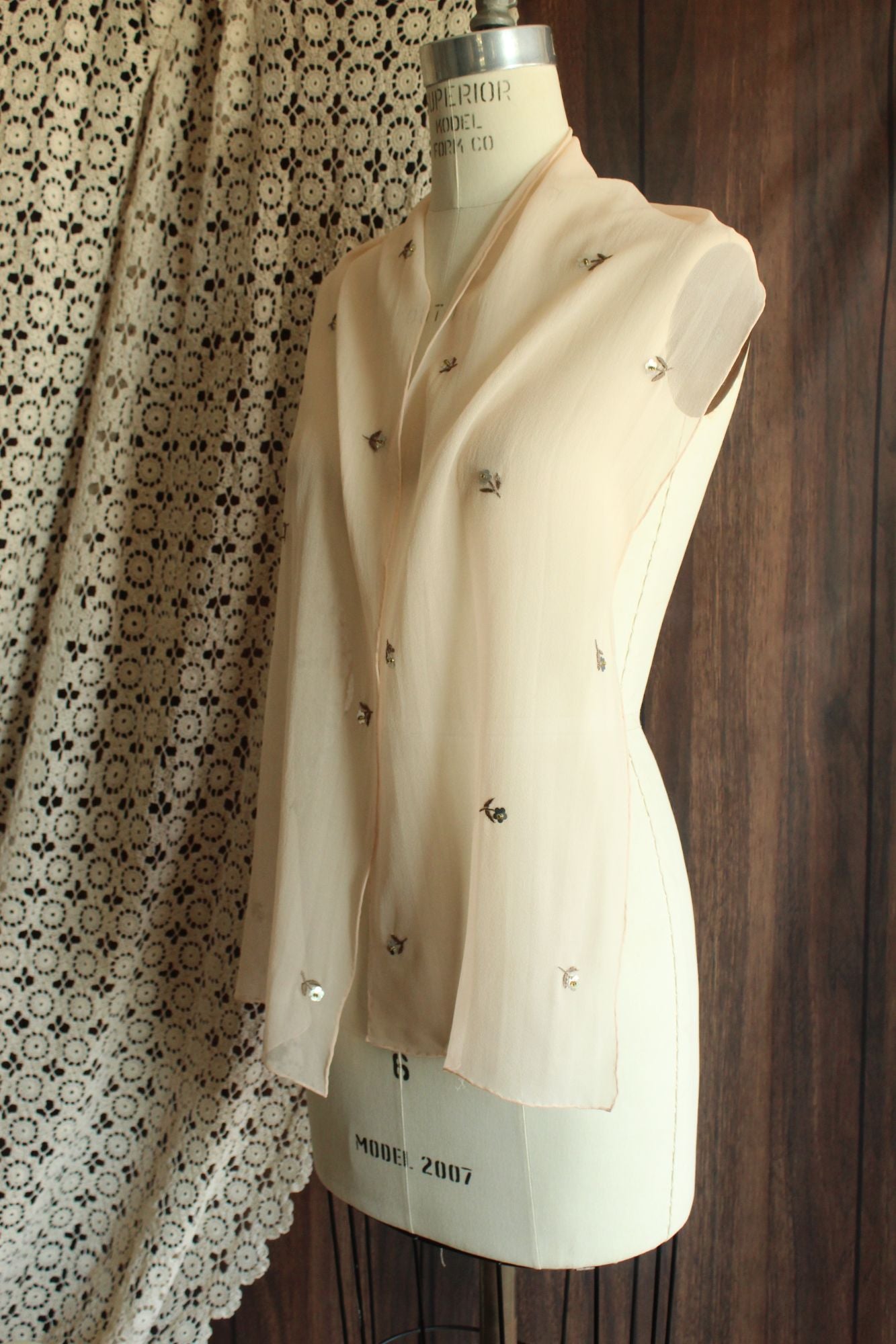 Echo Womens Scarf, Pink Silk Chiffon with Embroidered and Sequin Flowers