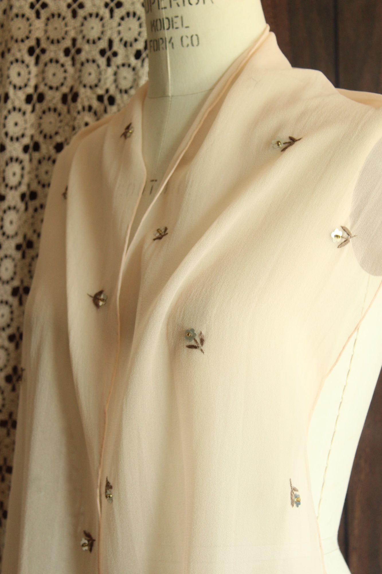 Echo Womens Scarf, Pink Silk Chiffon with Embroidered and Sequin Flowers