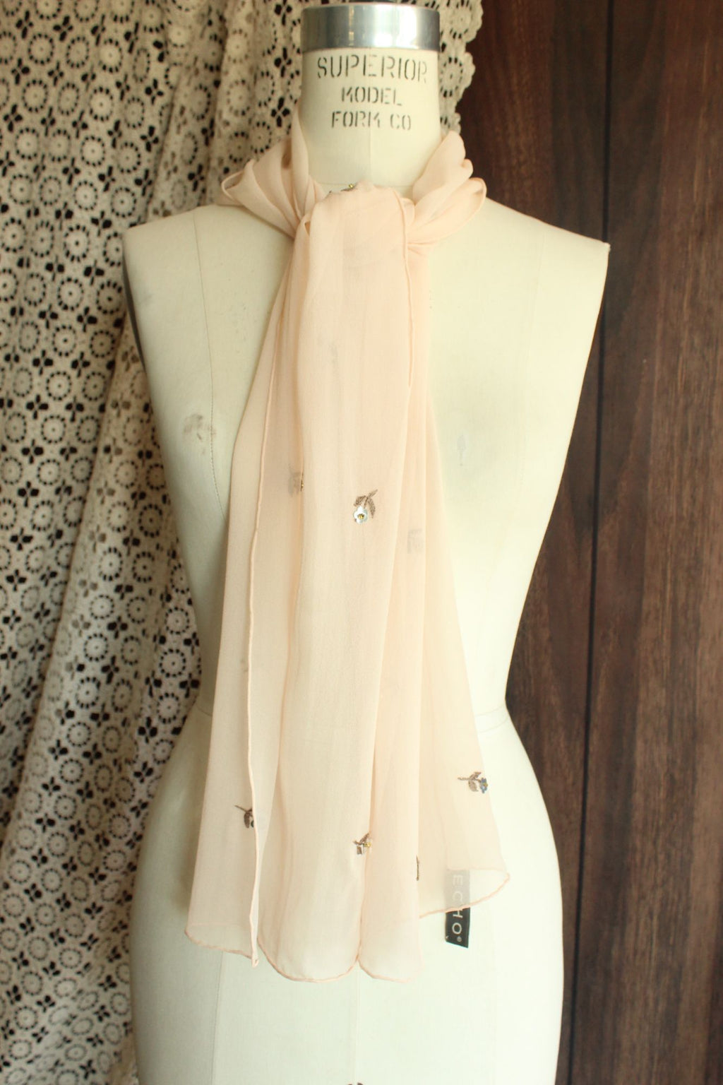 Echo Womens Scarf, Pink Silk Chiffon with Embroidered and Sequin Flowers