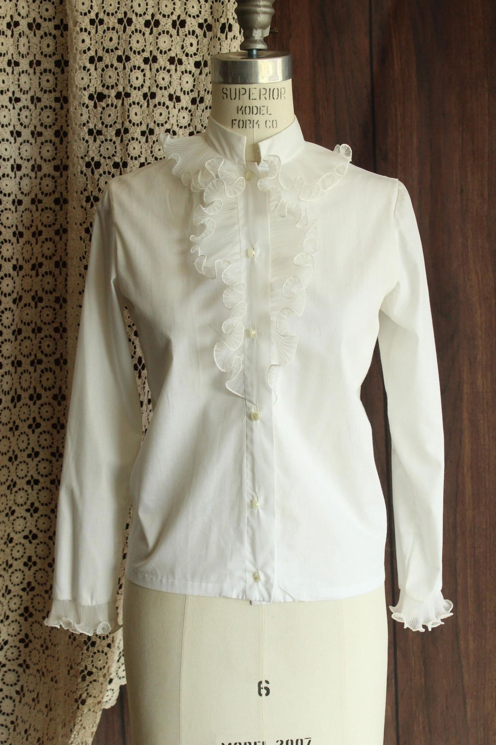 Vintage 1960s White Blouse with Ruffle and Nehru Collar