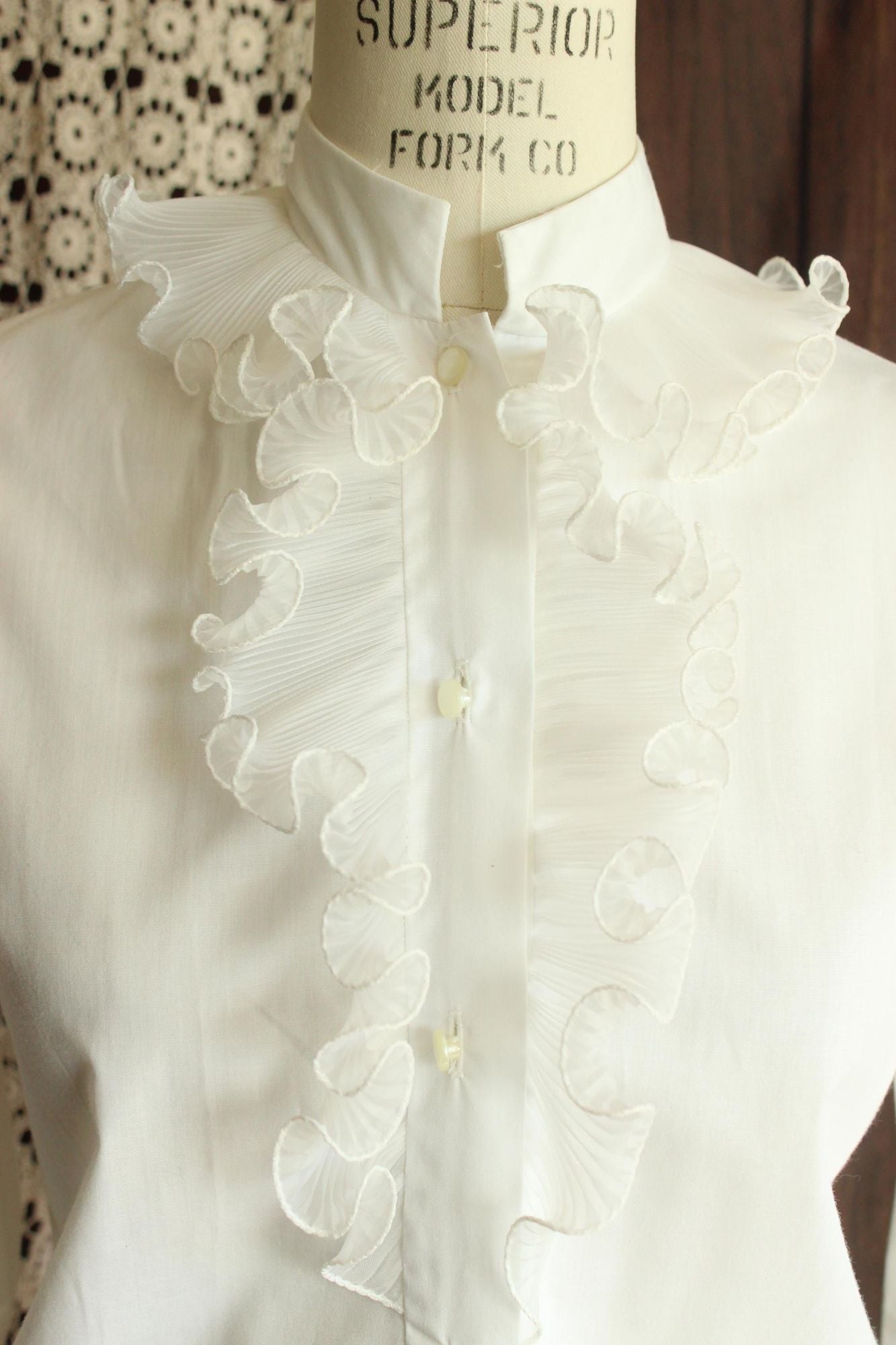 Vintage 1960s White Blouse with Ruffle and Nehru Collar
