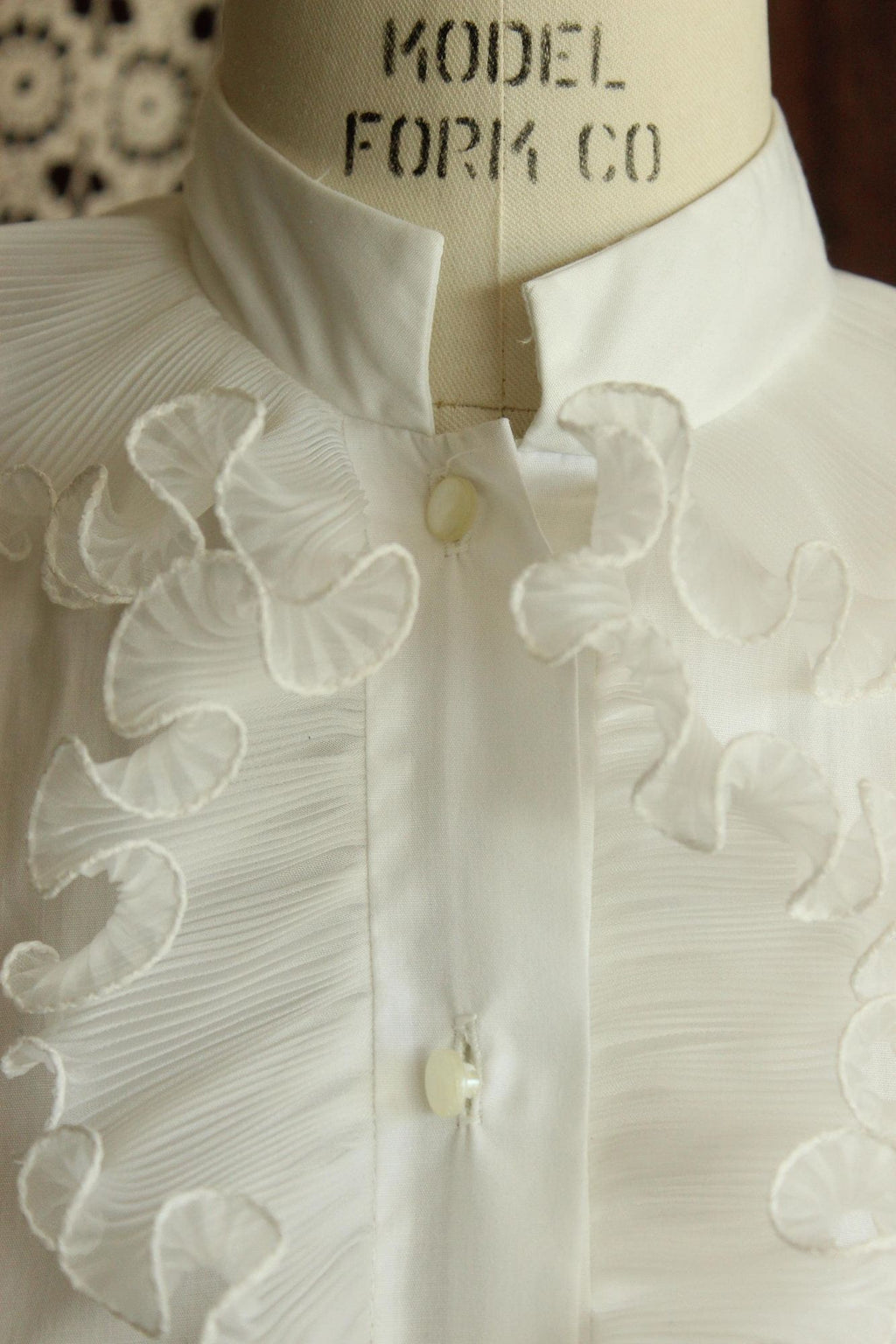 Vintage 1960s White Blouse with Ruffle and Nehru Collar