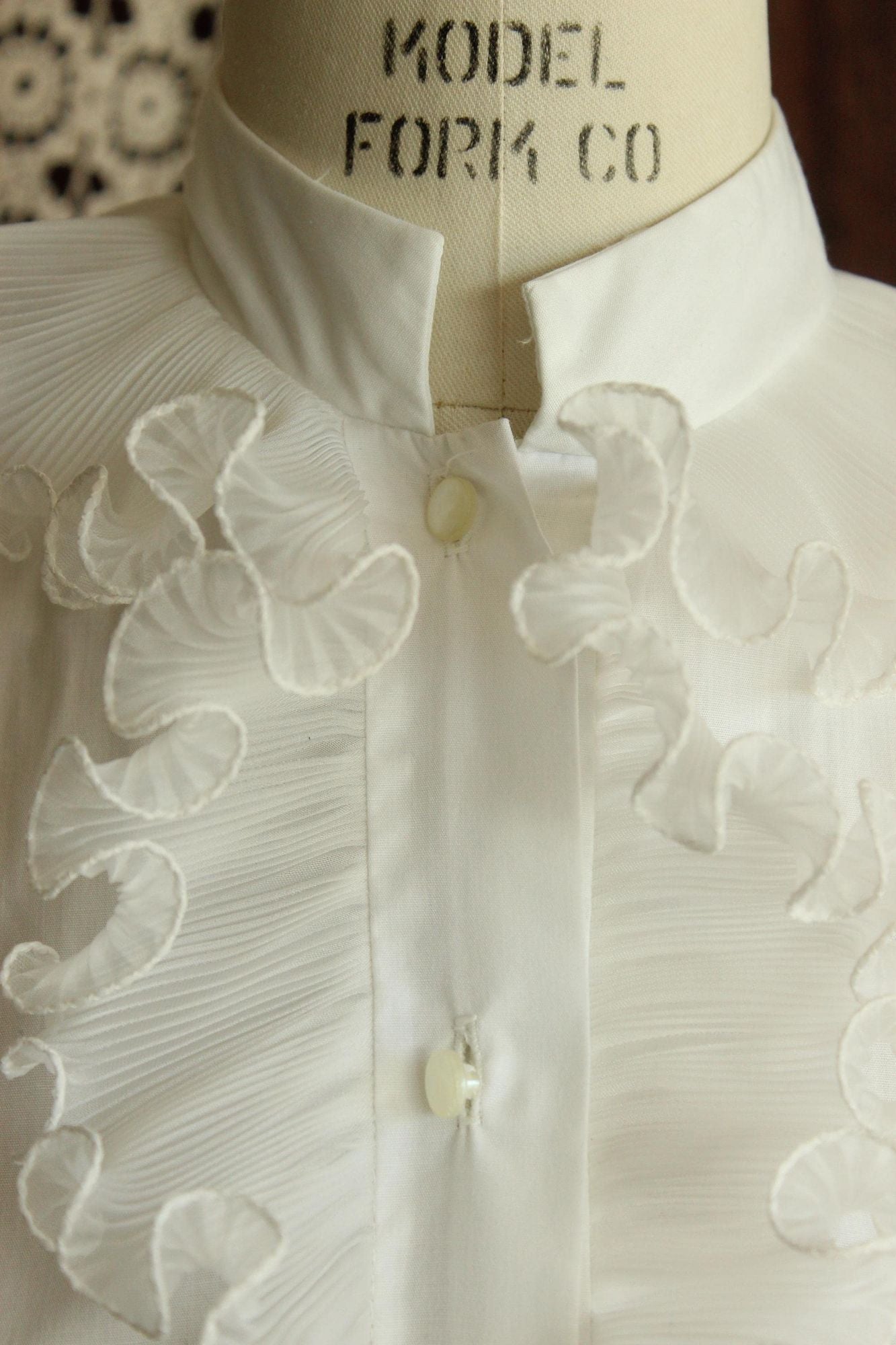 Vintage 1960s White Blouse with Ruffle and Nehru Collar