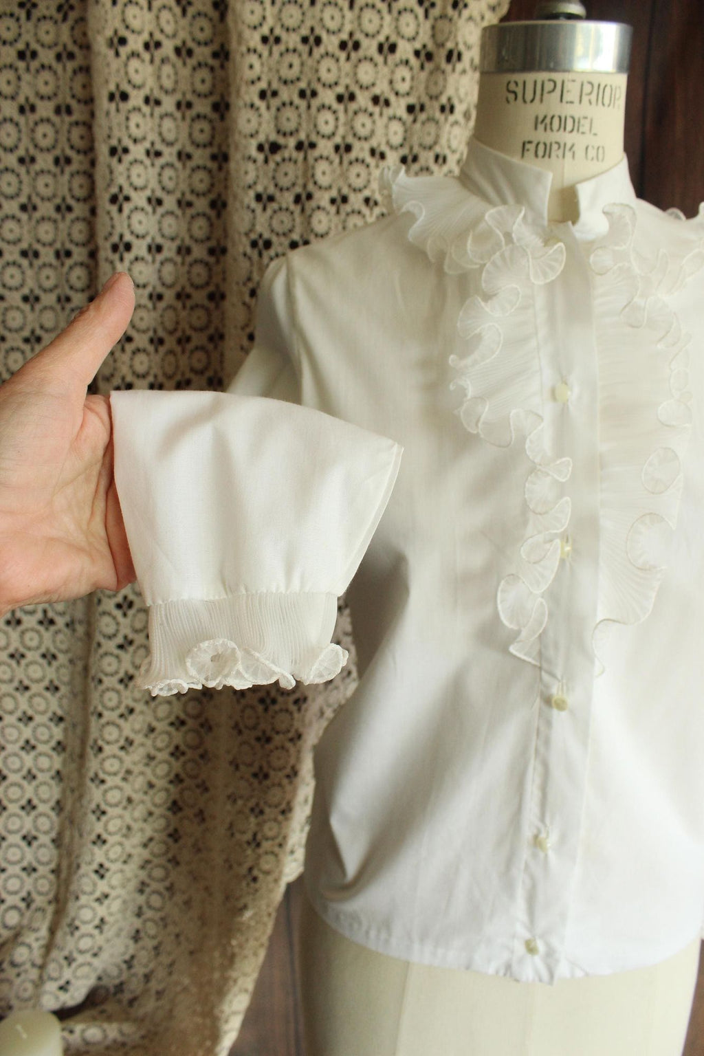 Vintage 1960s White Blouse with Ruffle and Nehru Collar