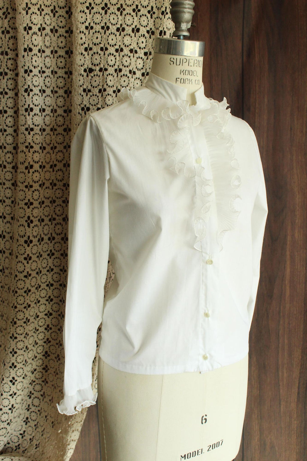 Vintage 1960s White Blouse with Ruffle and Nehru Collar