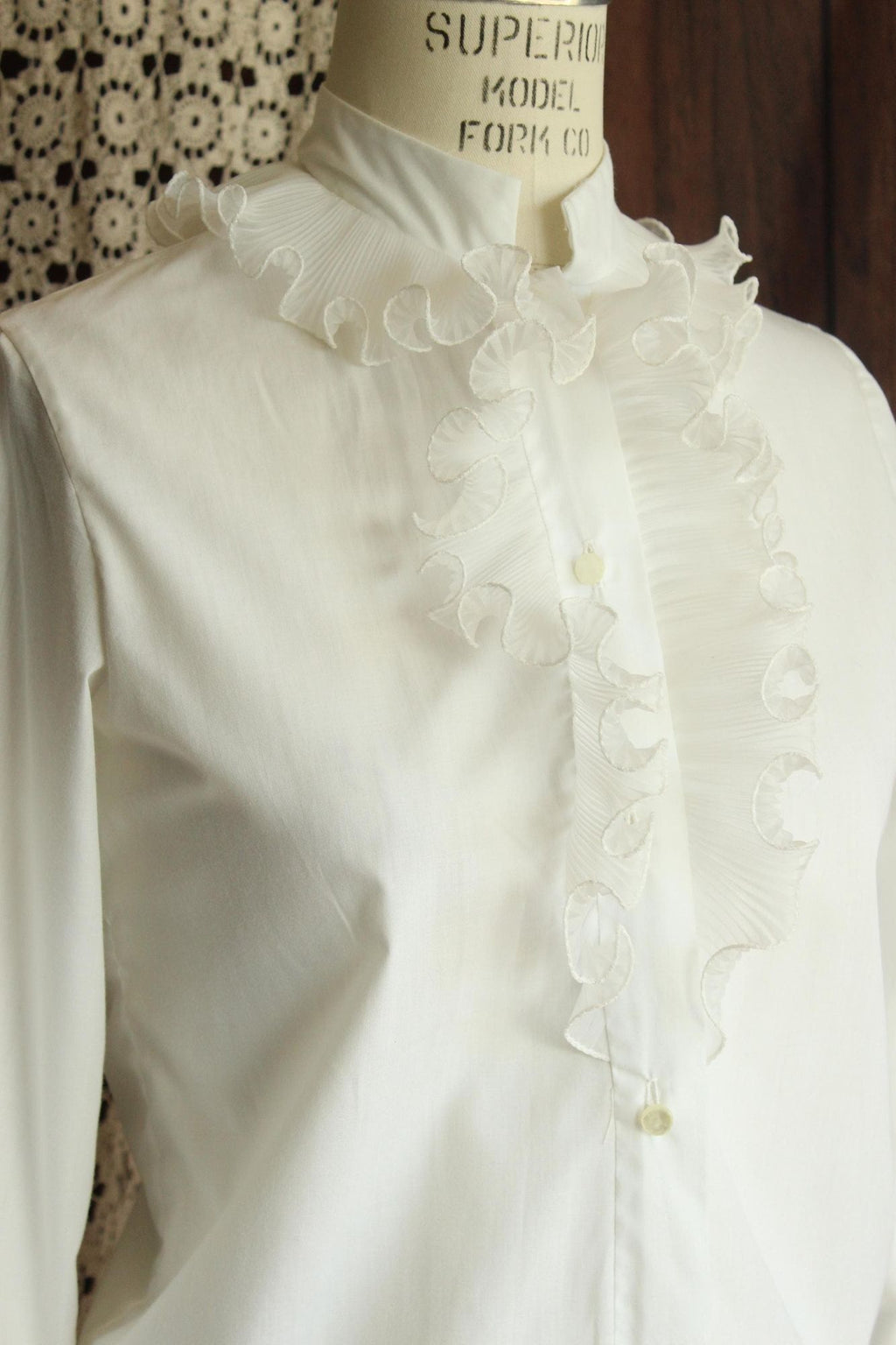Vintage 1960s White Blouse with Ruffle and Nehru Collar