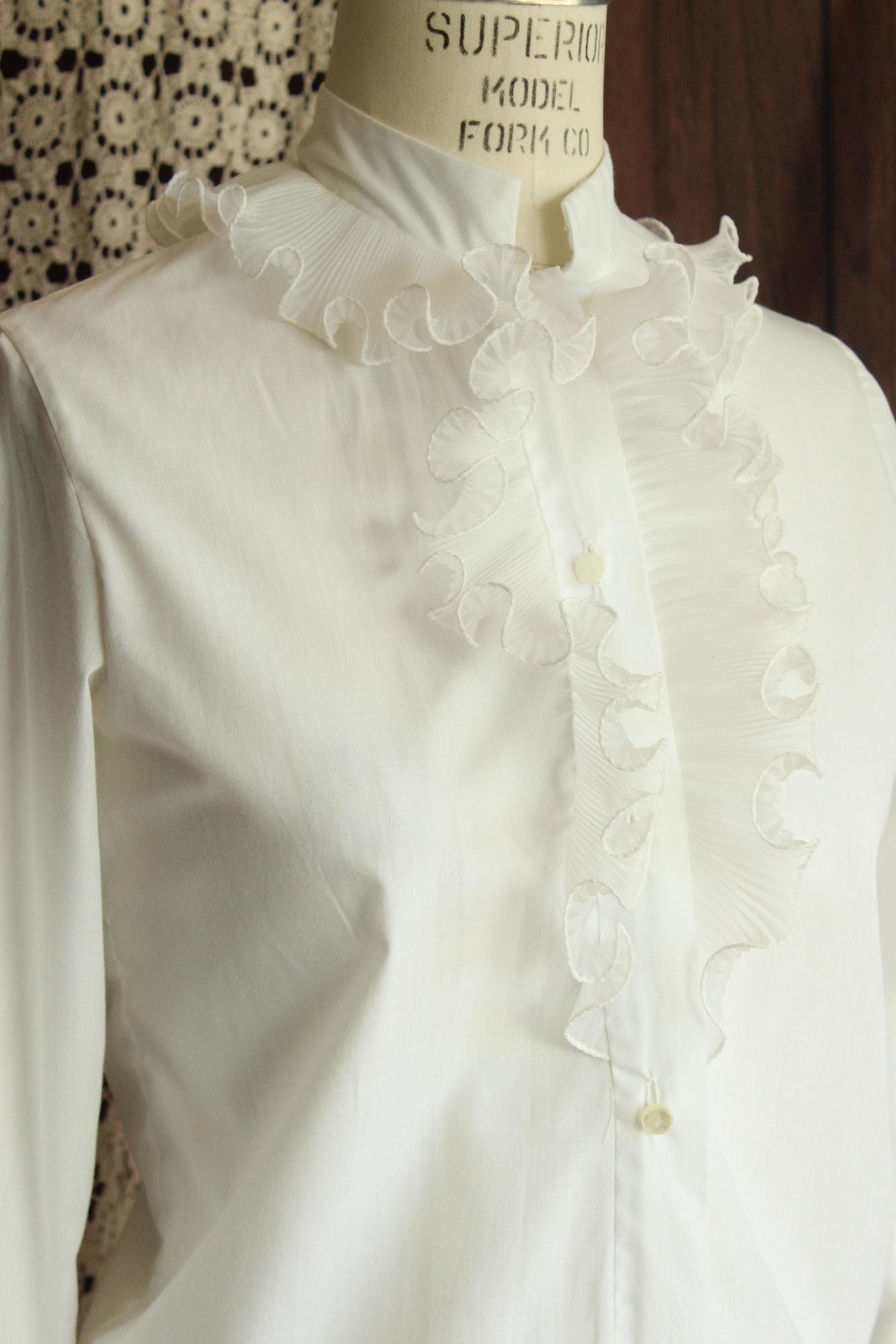 Vintage 1960s White Blouse with Ruffle and Nehru Collar