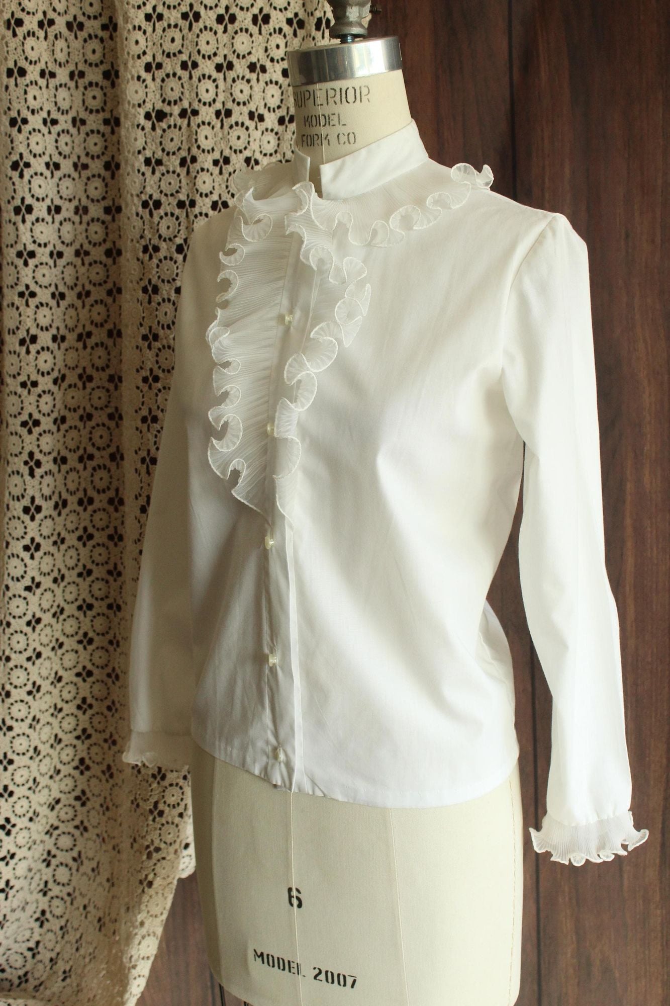 Vintage 1960s White Blouse with Ruffle and Nehru Collar