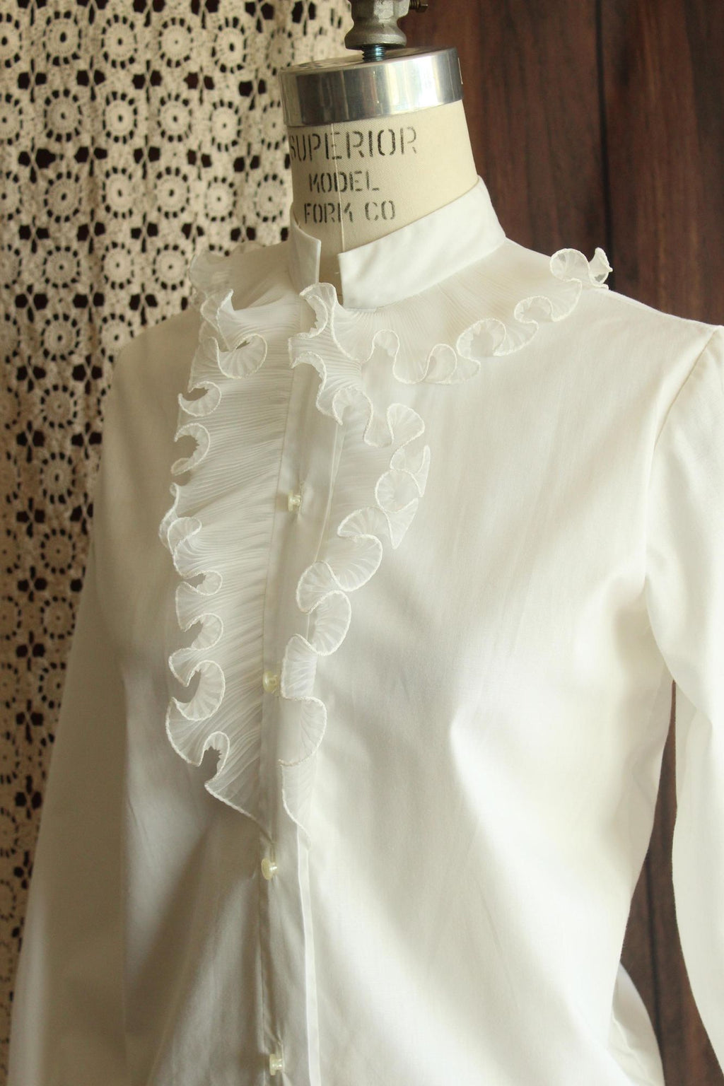 Vintage 1960s White Blouse with Ruffle and Nehru Collar