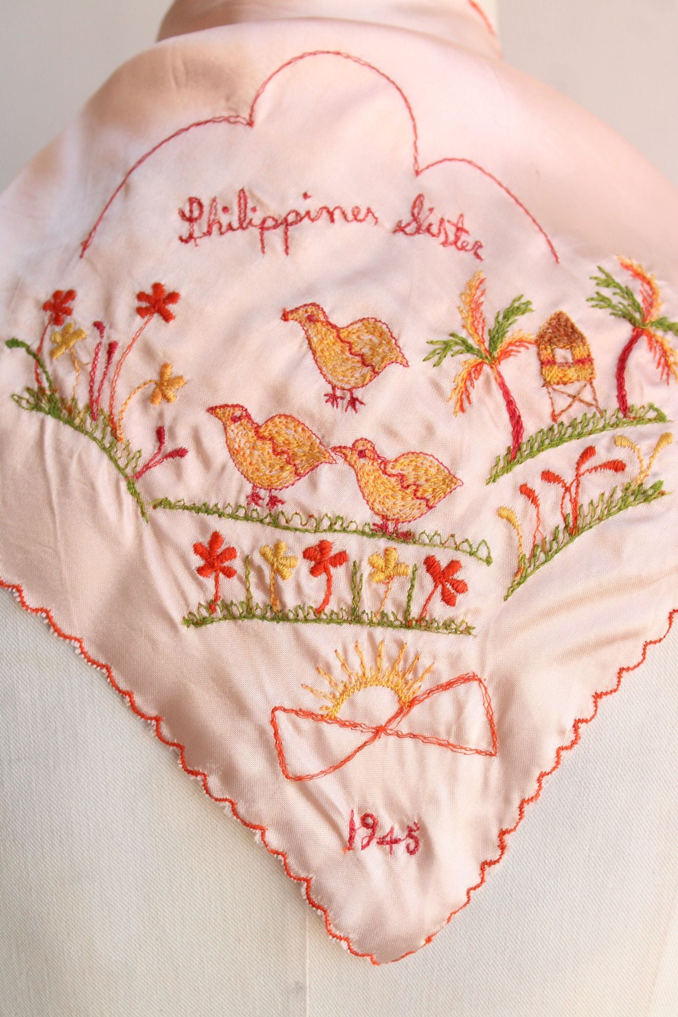 Vintage 1940s Pink Silk Scarf, Philippines Sister Embroidered Novelty Print