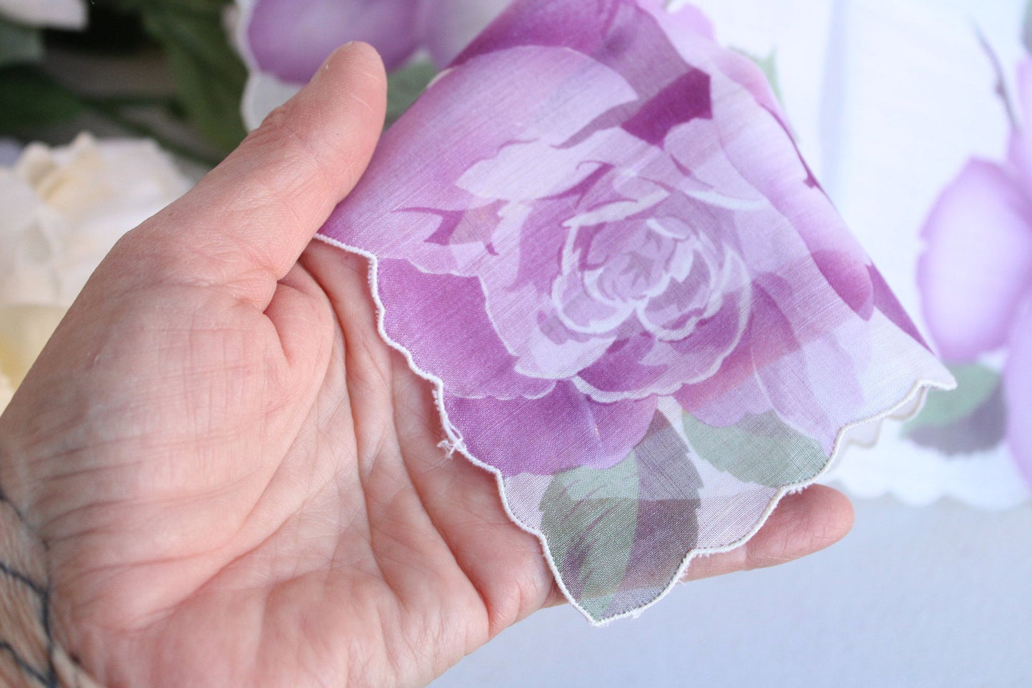 Vintage Cotton Handkerchief with Purple Roses